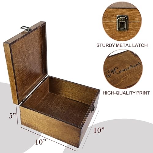 Large Wooden Memory Box for Keepsakes, 10″ x 10″ x 5″ Wooden Keepsake Memories