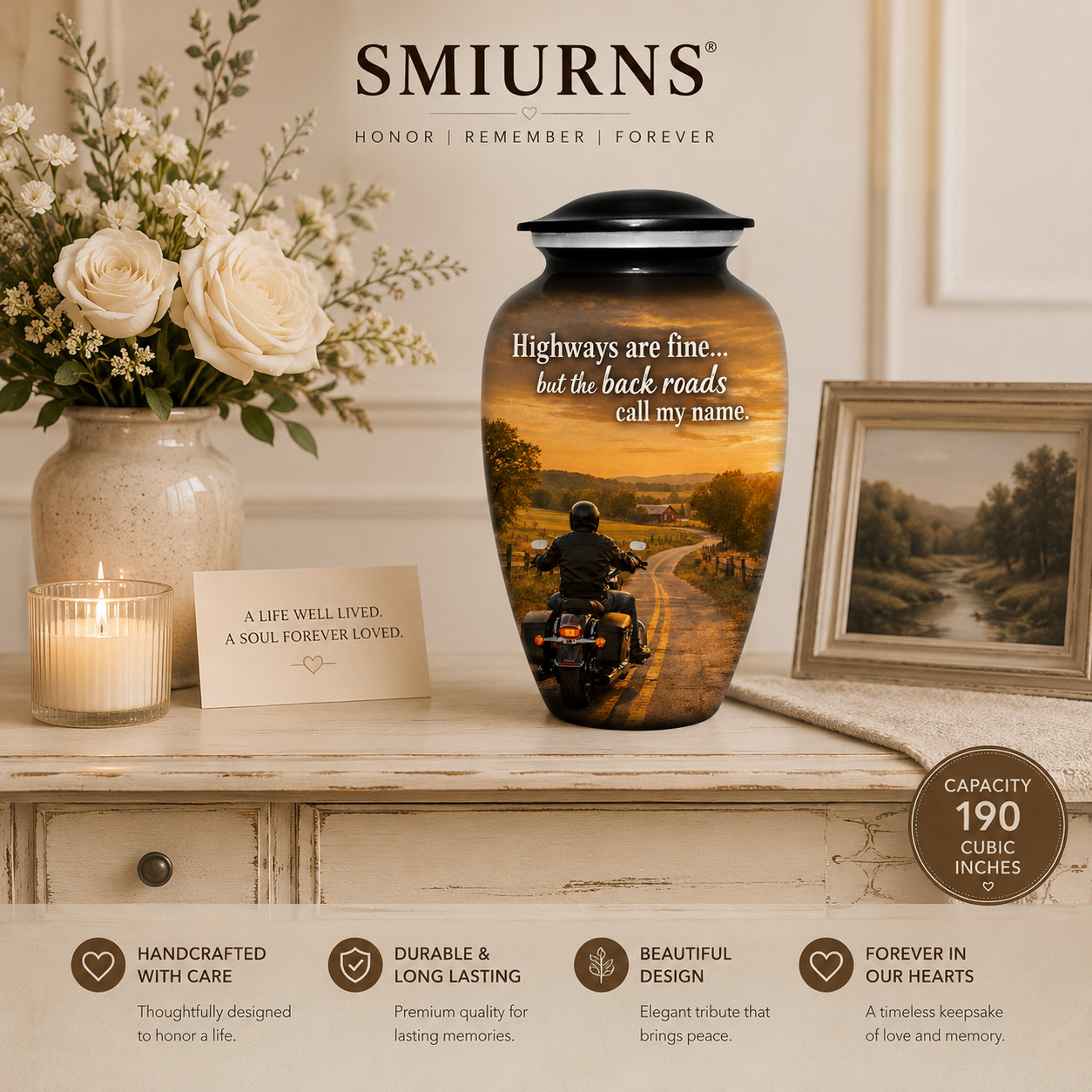 Motorcycle Cremation Urn for Human Ashes Adult Male Back Roads Rider 190 Cu In