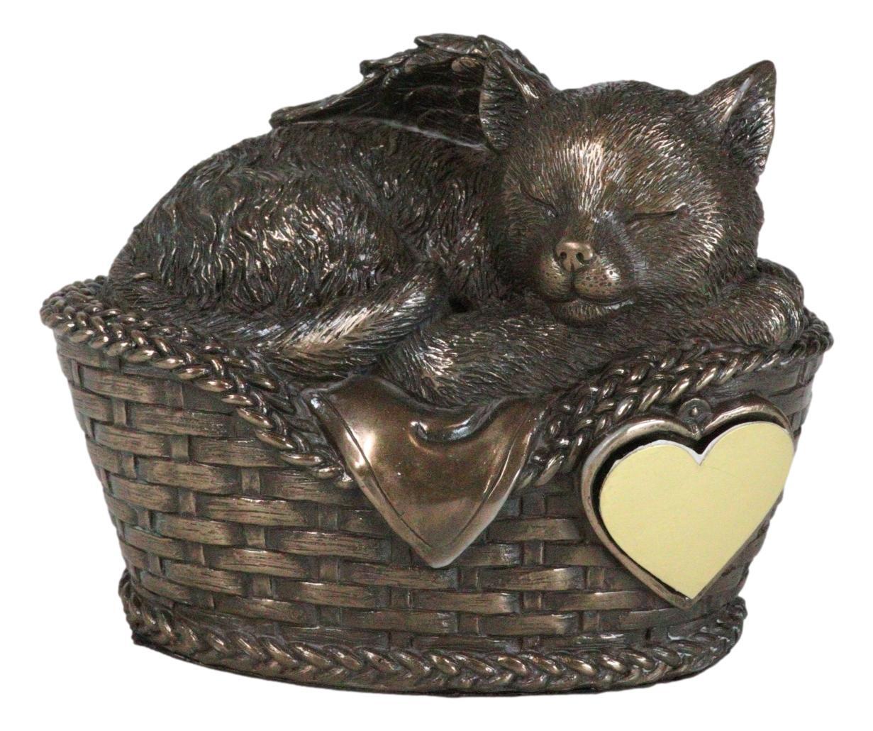 Heavenly Angel Cat Sleeping in Wicker Bed Cremation Urn Pet Memorial Statue