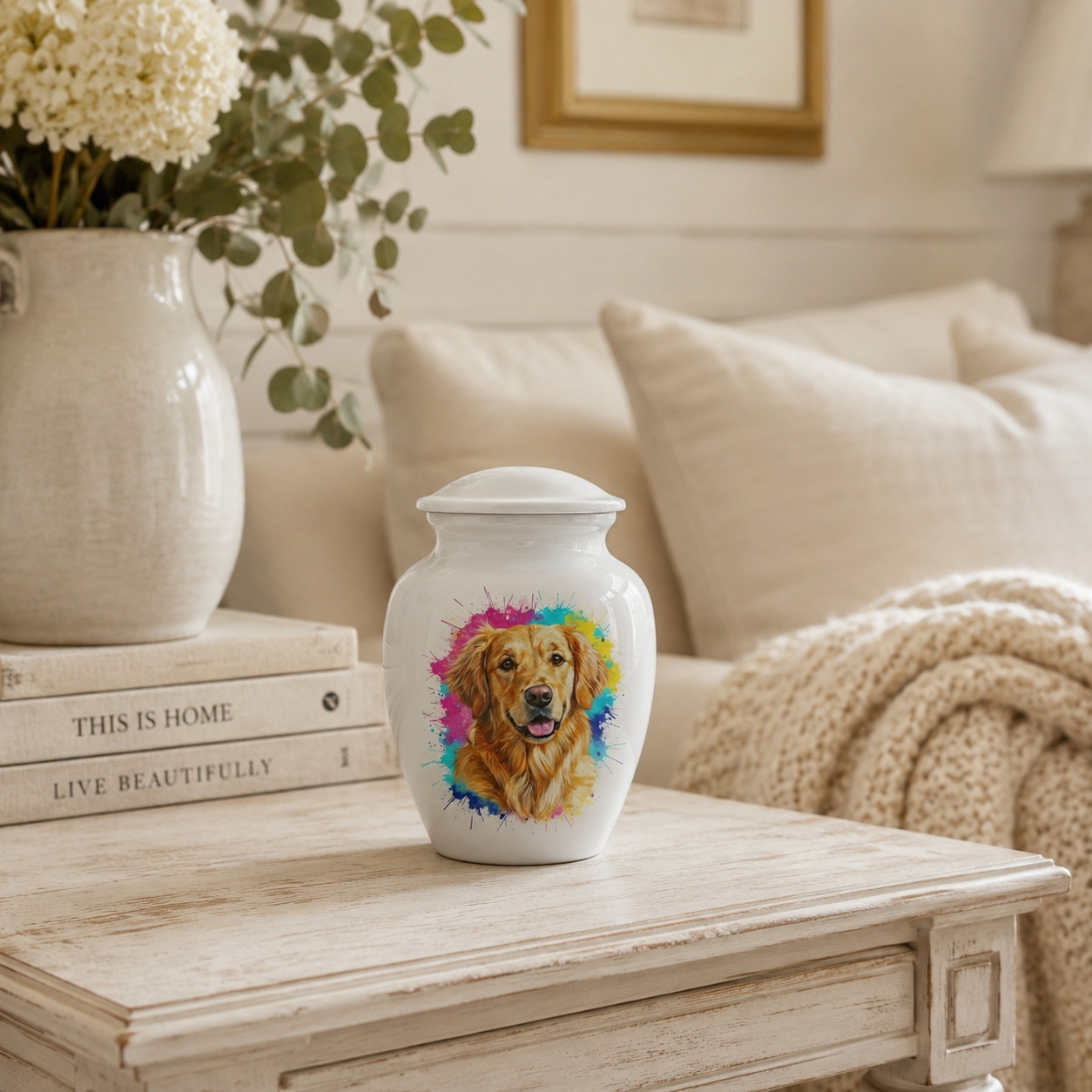 Small White Dog Cremation Urn Pet Ashes Memorial Urns Keepsake Decor (6 Inch)
