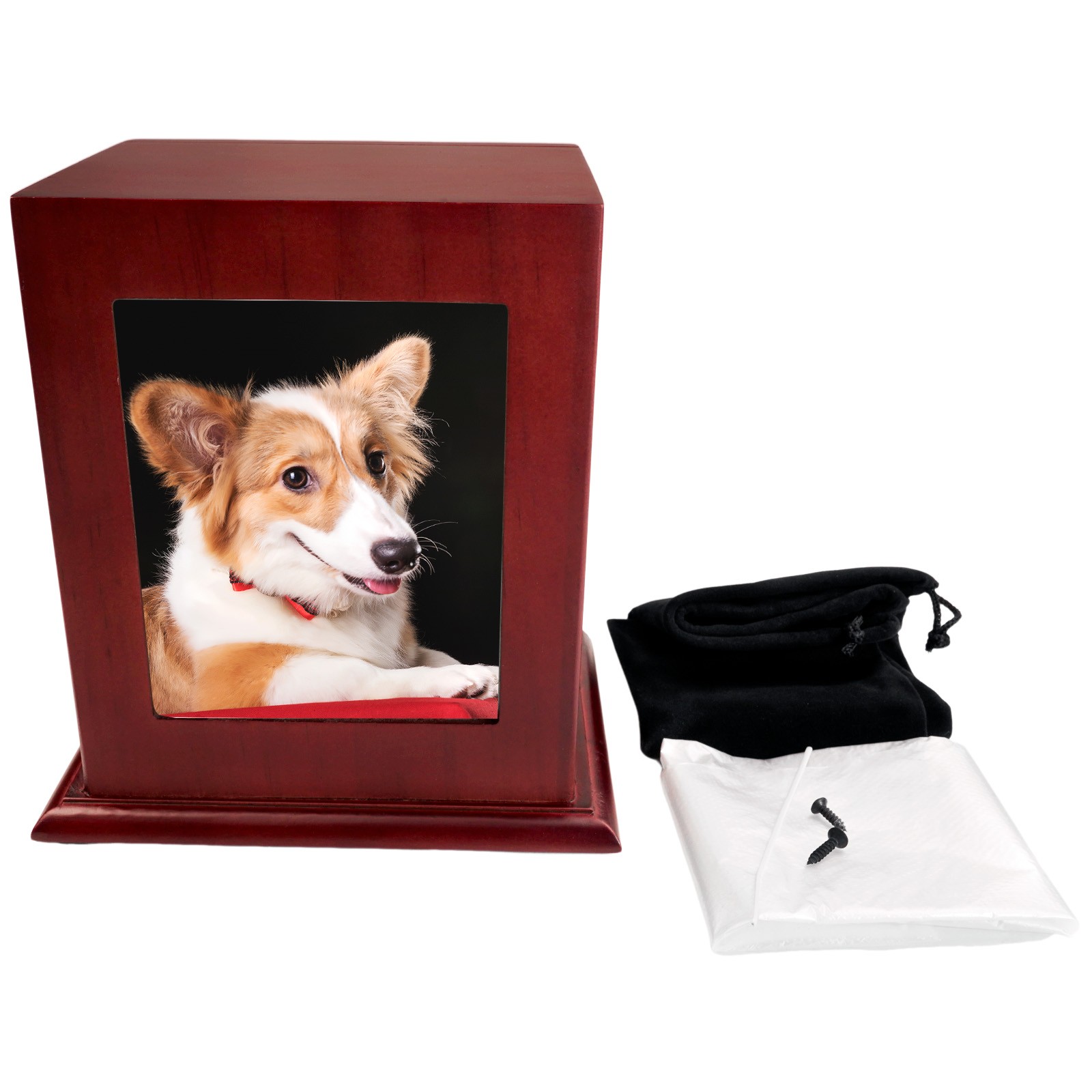 Wine Red Wooden Memorial Urn Dogs & Cats with Storage Bag and Photo Frame