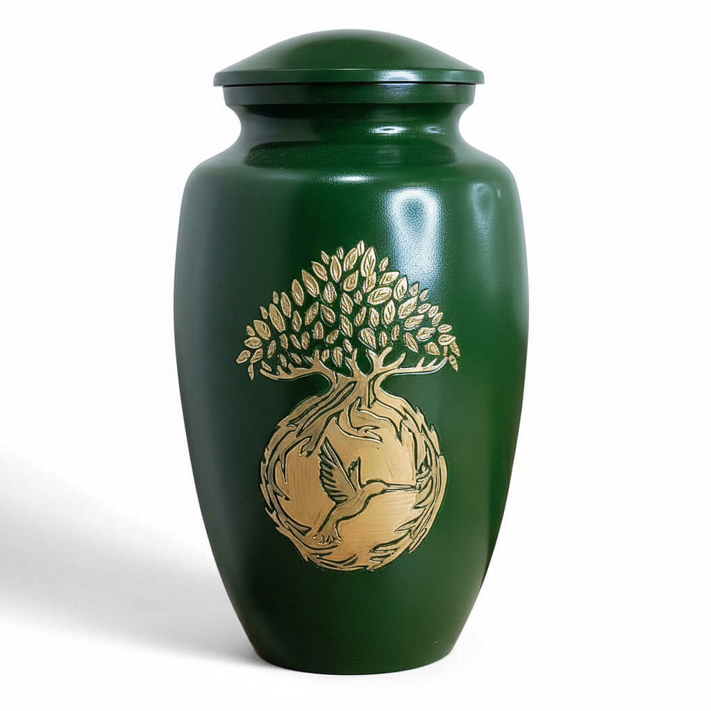 Large Green Funeral Urn Handcrafted Metal Tree of Life Hummingbird Memorial