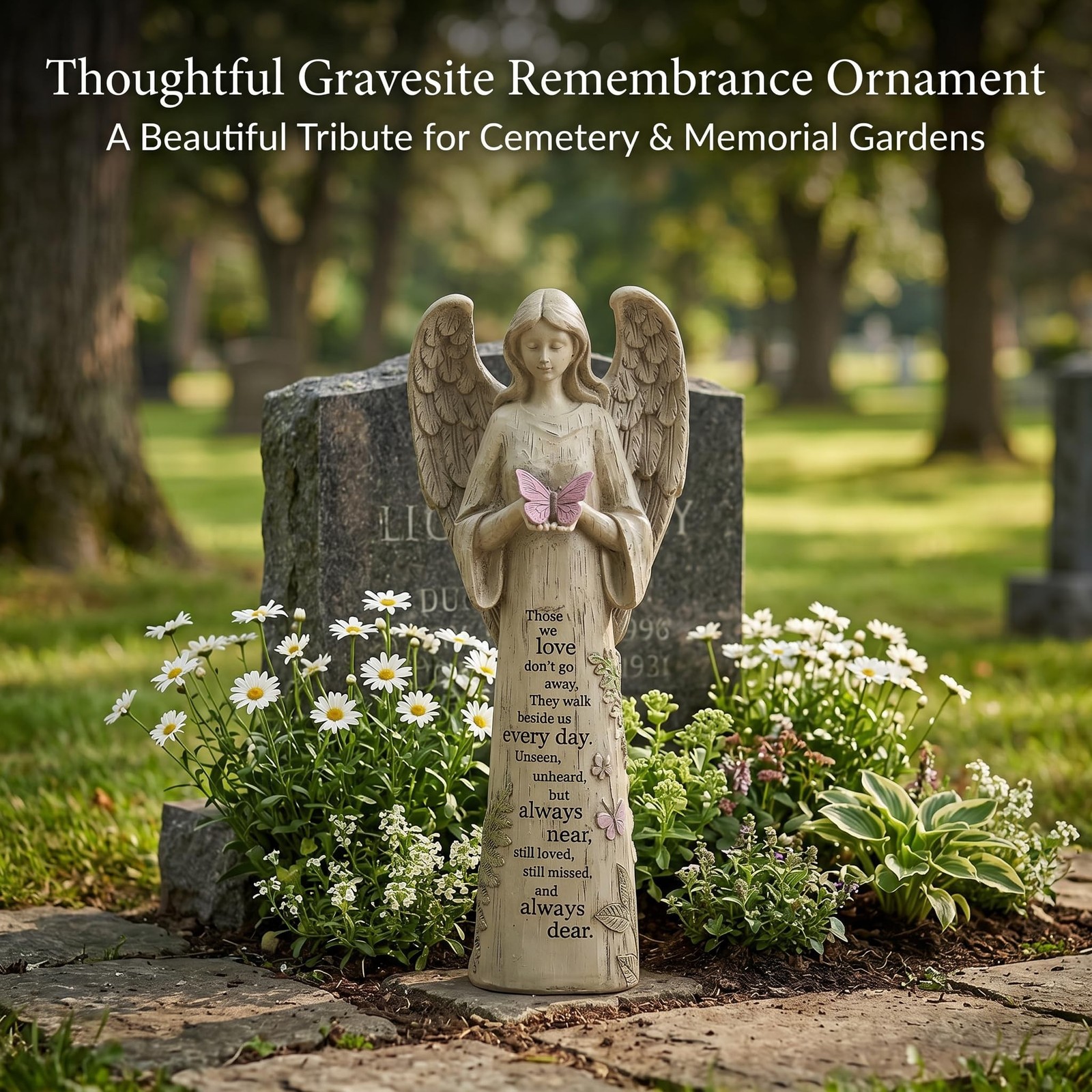 Topadorn 13″ Memorial Angel Statue with Butterfly, Resin Remembrance Angel Fi…