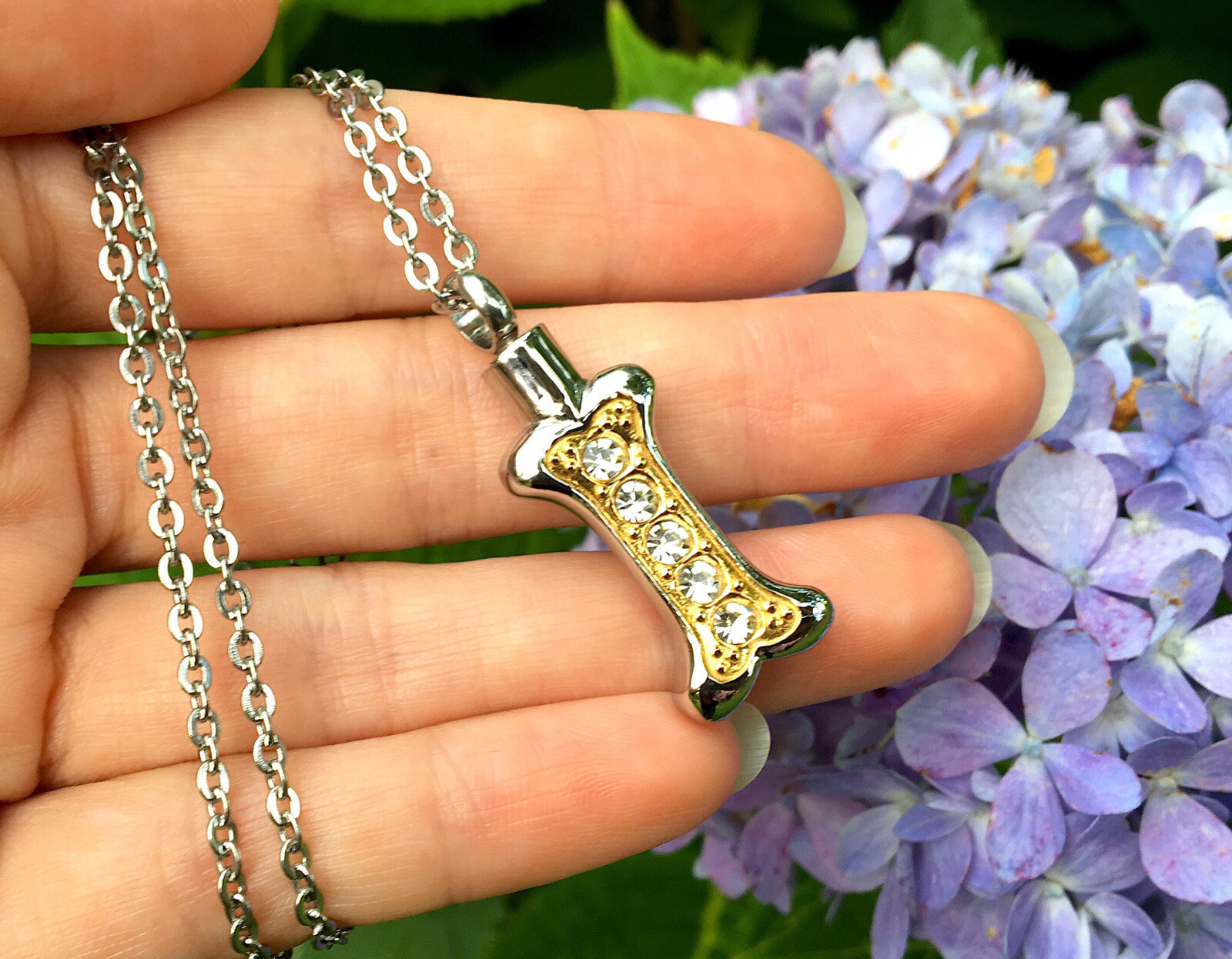 Dog Cremation Pendant Urn Keychain 1″ Key Ring Ash Golden Silver Crystal Bone