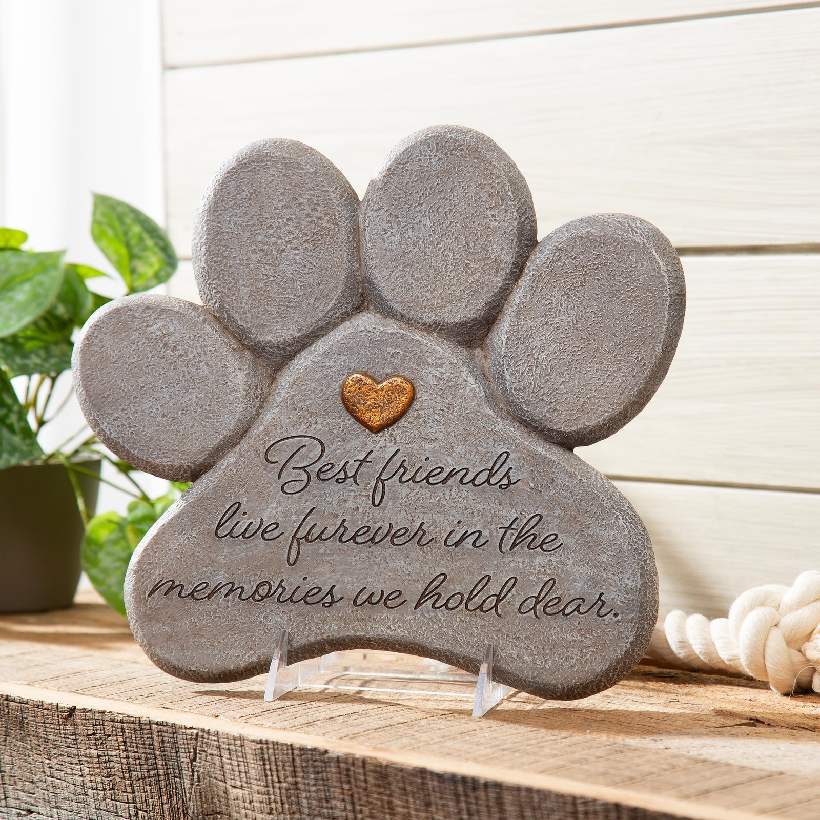 11″ Paw Shaped Pet Memorial Garden Stone, Best Friends Live Forever