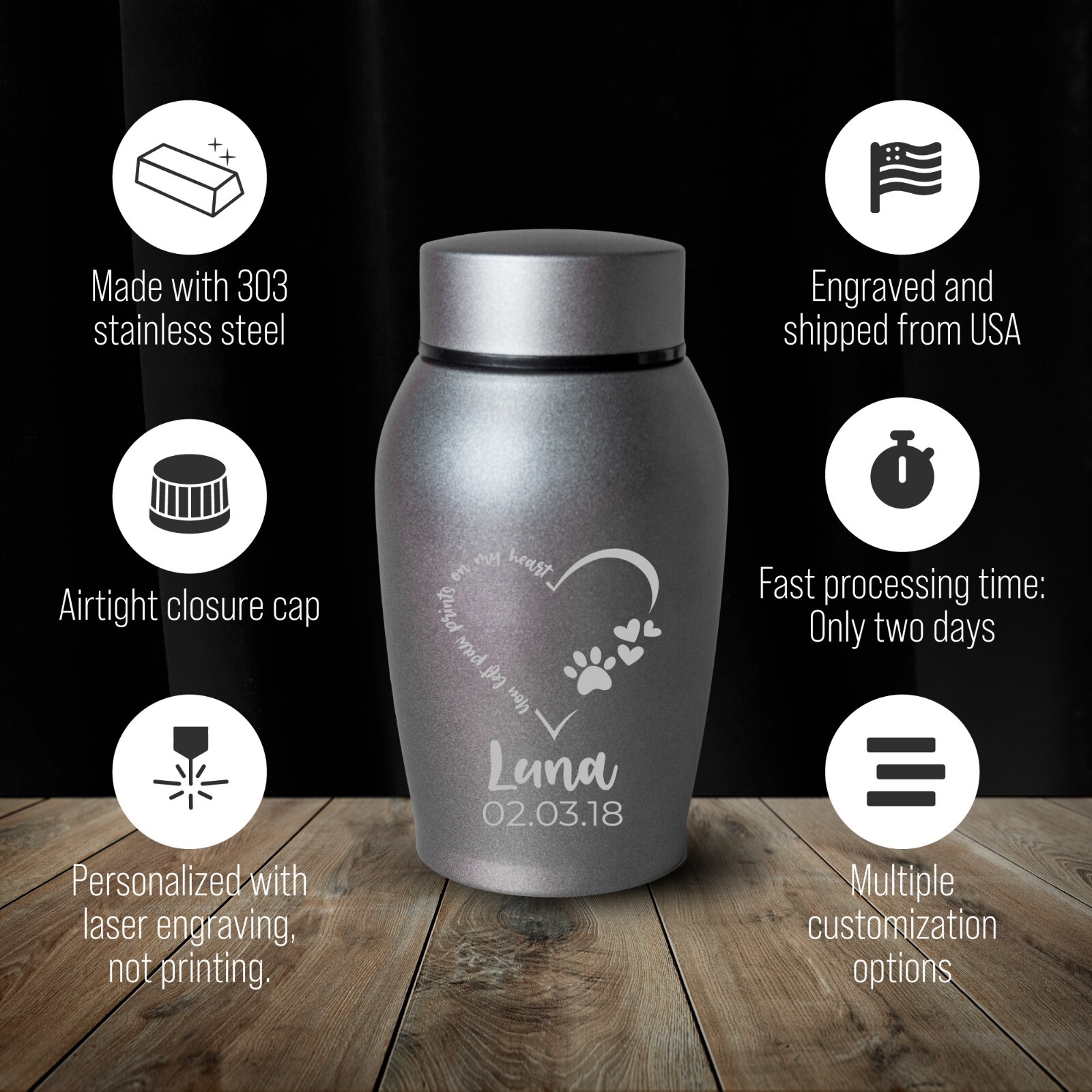 Custom Engraved Pet Urn for Ashes, Personalized Dog & Cat Memorial Cremation Urn