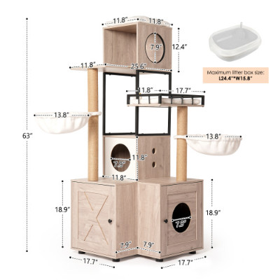 63 Multi-Functional Cat Tree With Litter Box – Includes Removable Washable Cushi