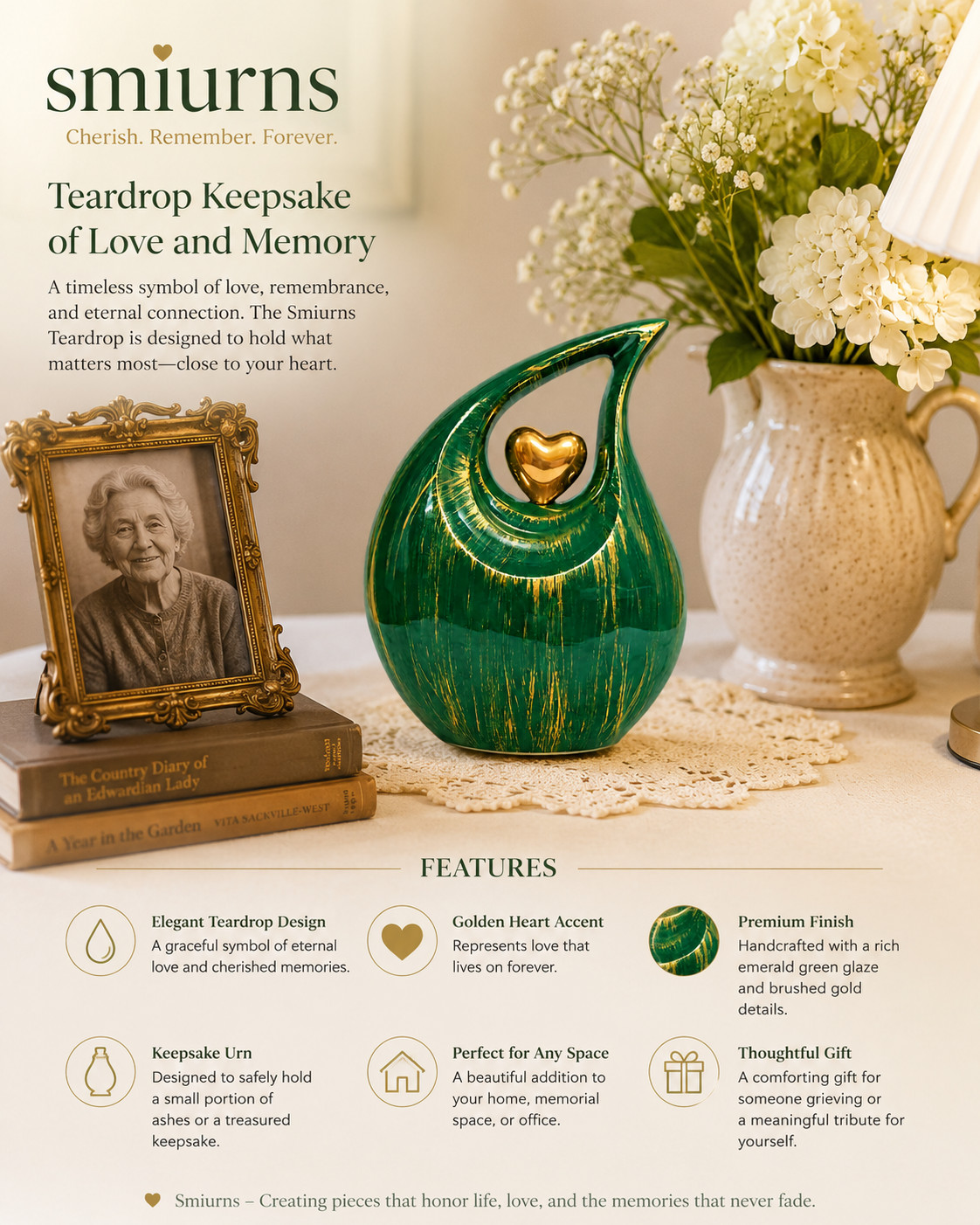 New Large Green Gold Teardrop Cremation Urn Human Adult Ashes 200 Cu In Memorial