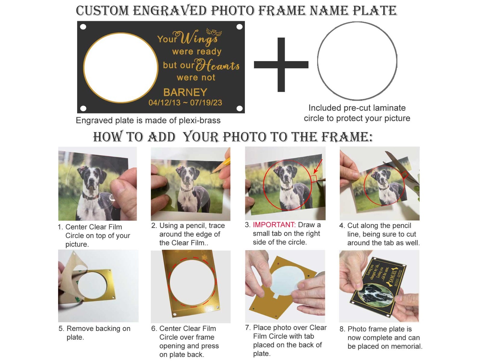 Custom Engraved Photo Frame Name Plate, Pet Loss Memorial Plaque, Dog, Cat, Any
