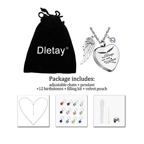 Heart Urn Necklace for Ashes with 12 Birthstones Cremation Your wings-Silver