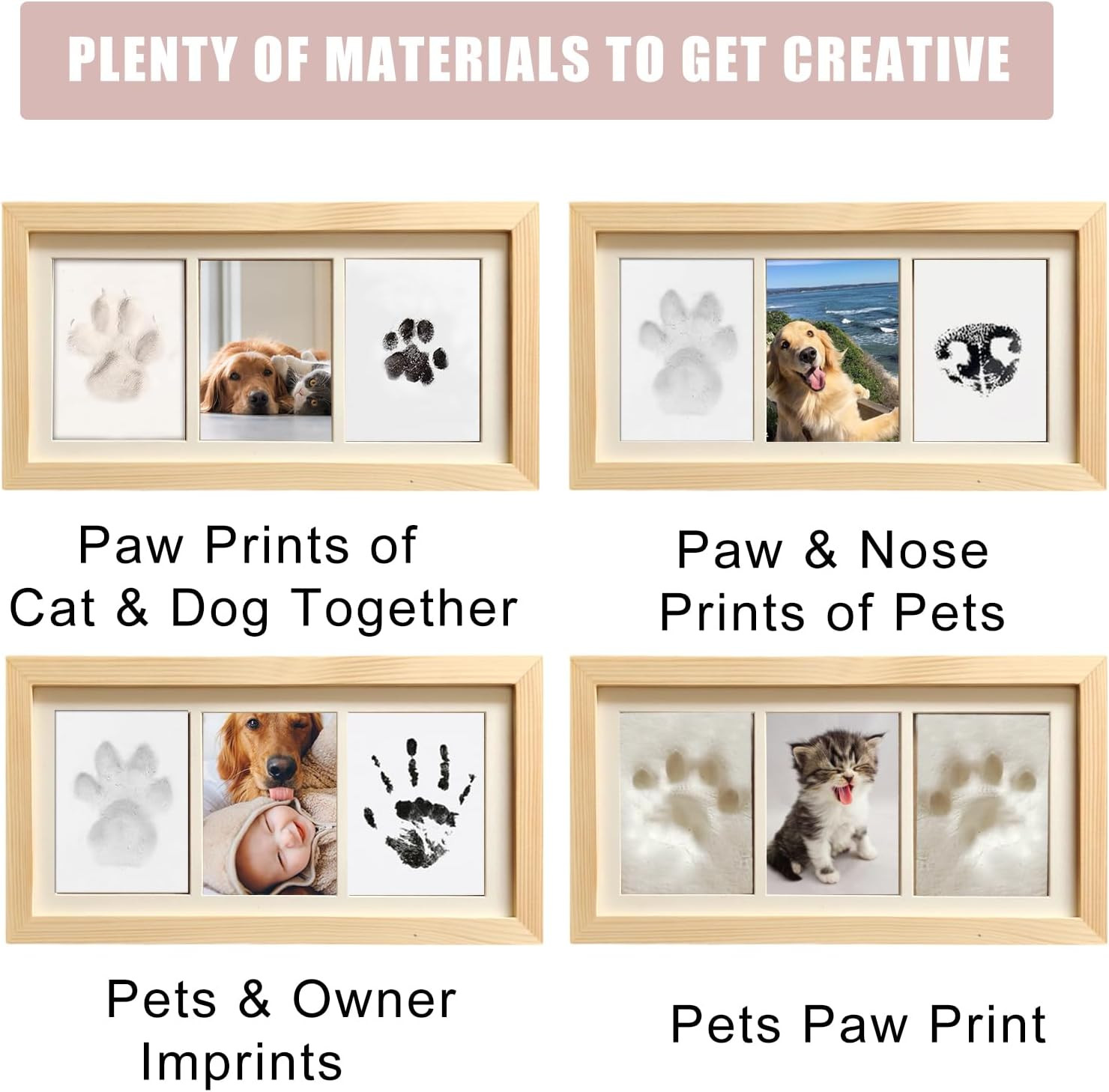 Paw Print Impression Kit for Dogs and Cats, 2 Clay, Large Ink Pad, Wooden Pictur