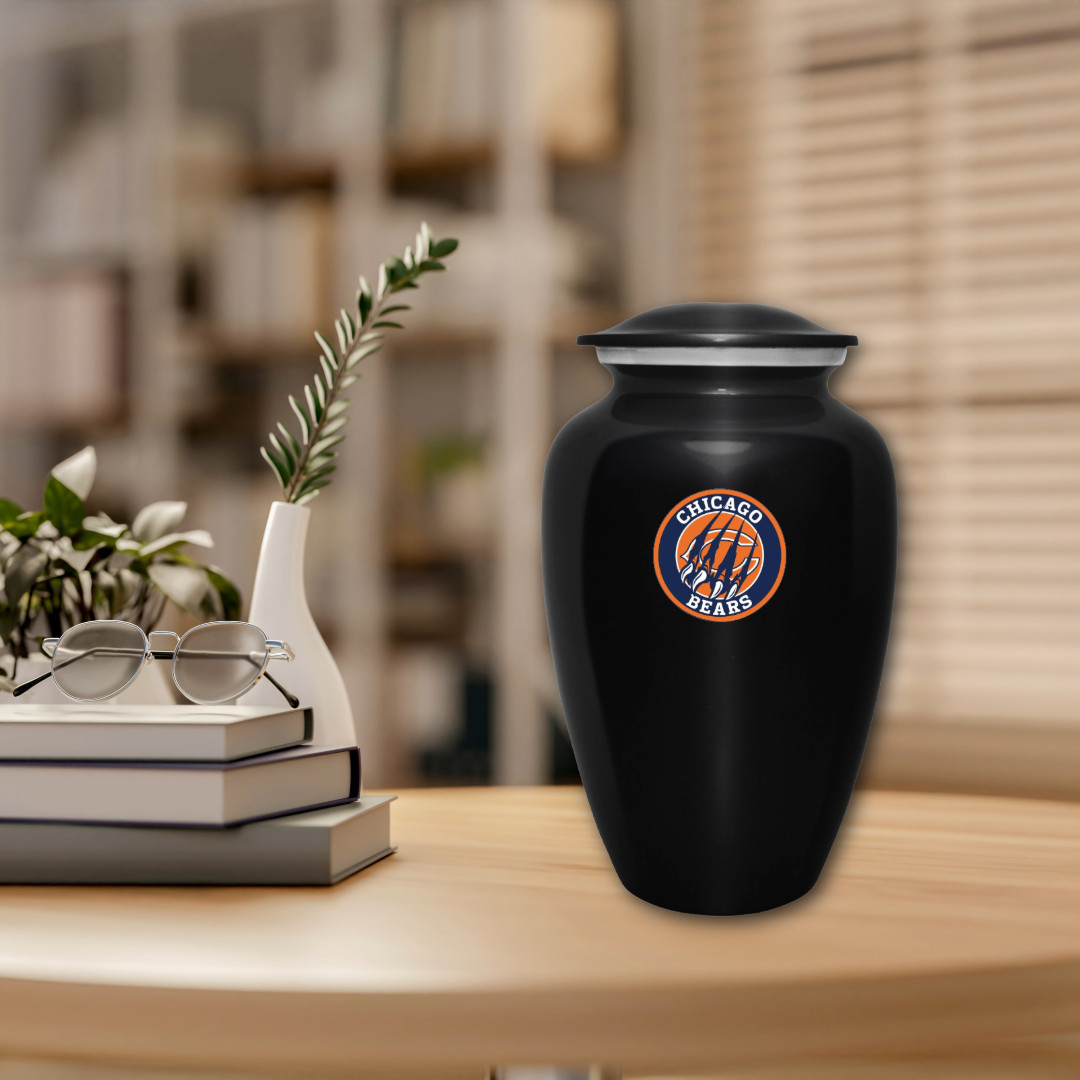 Large Chicago Bears Football Theme Cremation Black Urn Adult Human Ashes w/Bag