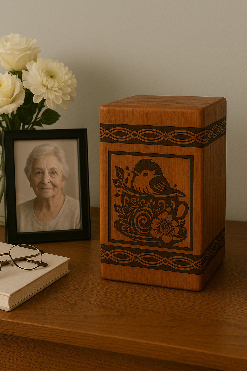 Wooden Keepsake Box with Bird & Floral Engraving | Rustic Tea Cup Urn box human