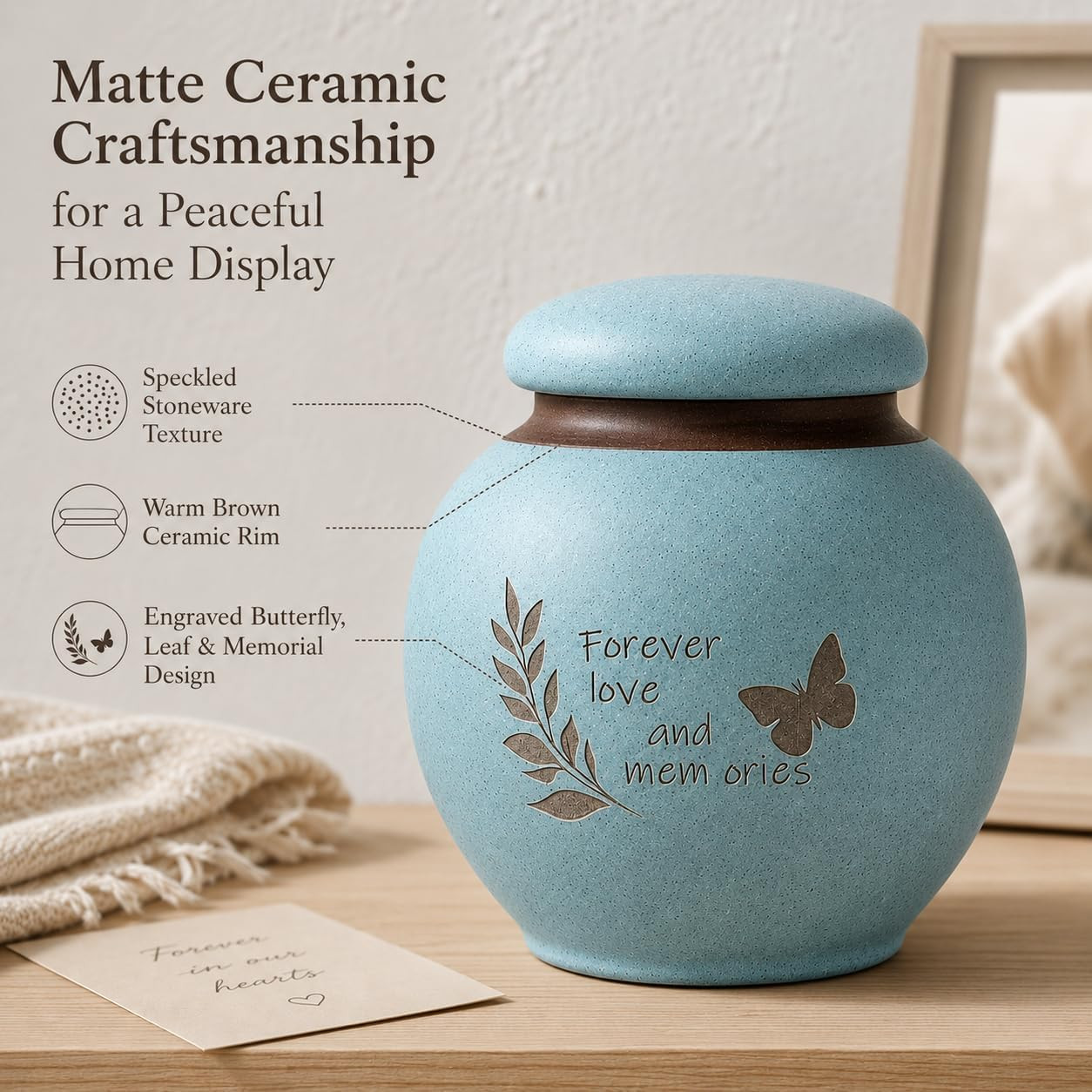 Small Pet Urn for Ashes, Dog and Cat Cremation Urn, Cyan Ceramic Memorial Keepsa