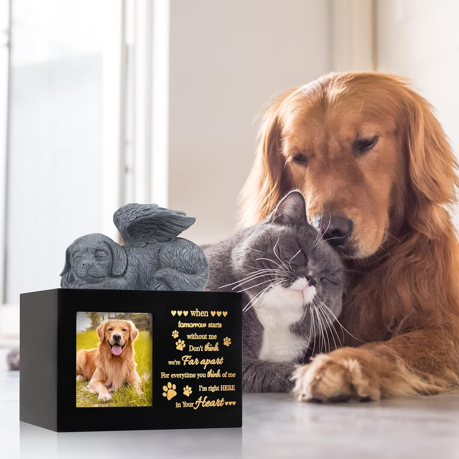 Large Wooden Pet Urn for Dog Cat Ashes with Angel Figurine and Photo Frame Black