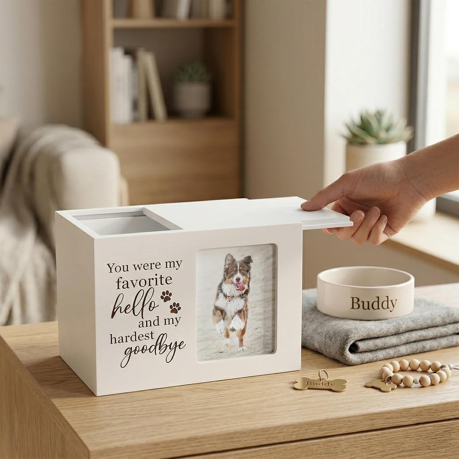 Sympathy Urn for Dog Loss White Wooden Pet Memorial Box with Photo Insert