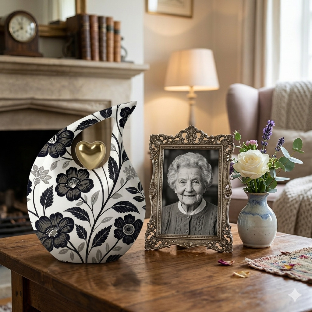 Black White Floral Design Teardrop Cremation Urn for Human Ashes Urns Your Love