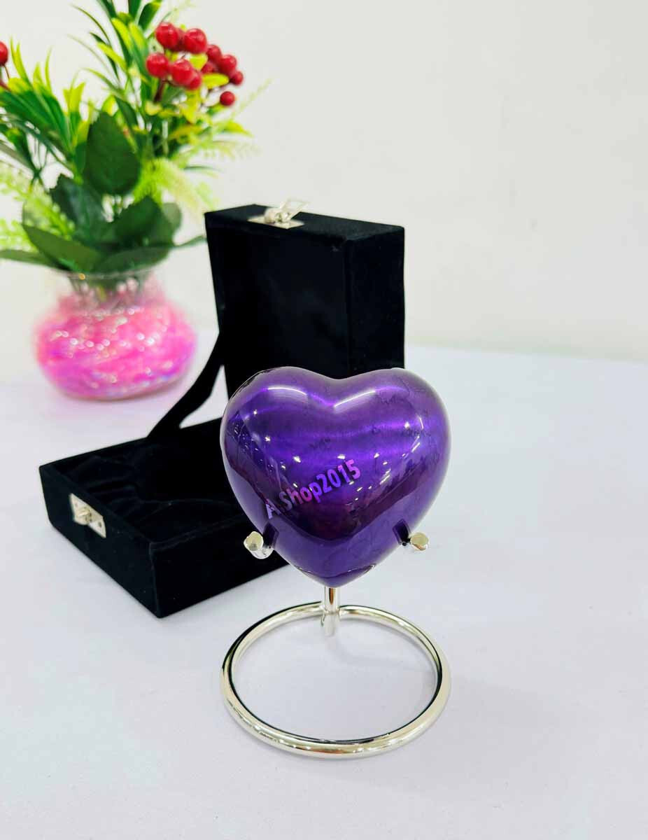 Small Purple Heart Keepsake Urn with Box & Stand Small Handcrafted Mini Memorial