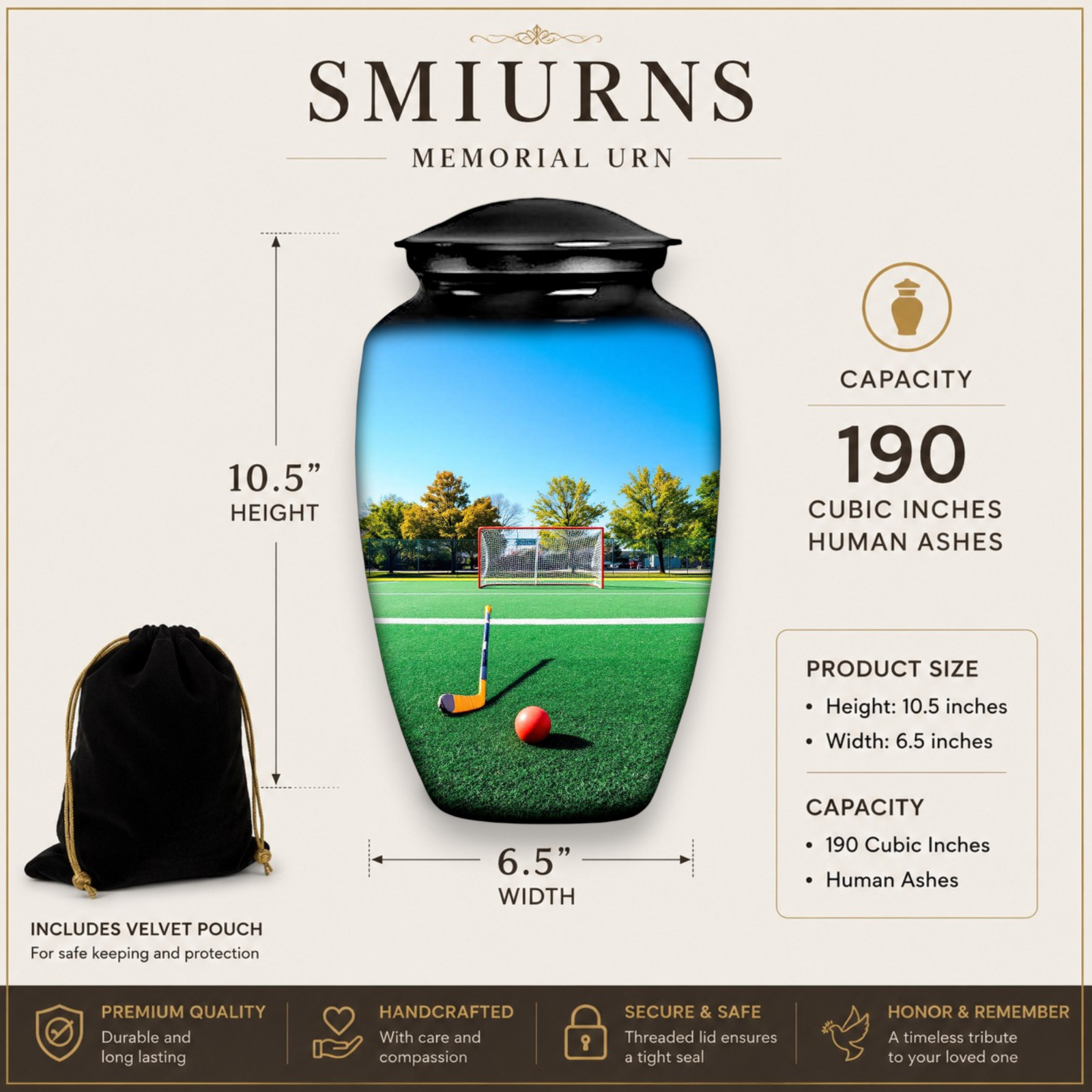 New Hockey Cremation Large Black Urn Human Ashes w/Bag Earns for Men & Women