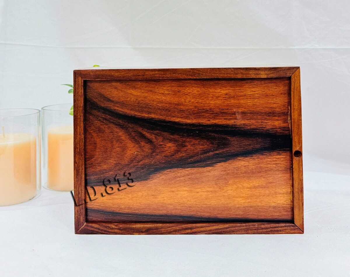 Natural Rosewood Urn for Pet Ashes, Dogs or Cats, with 2 Brass footprints,