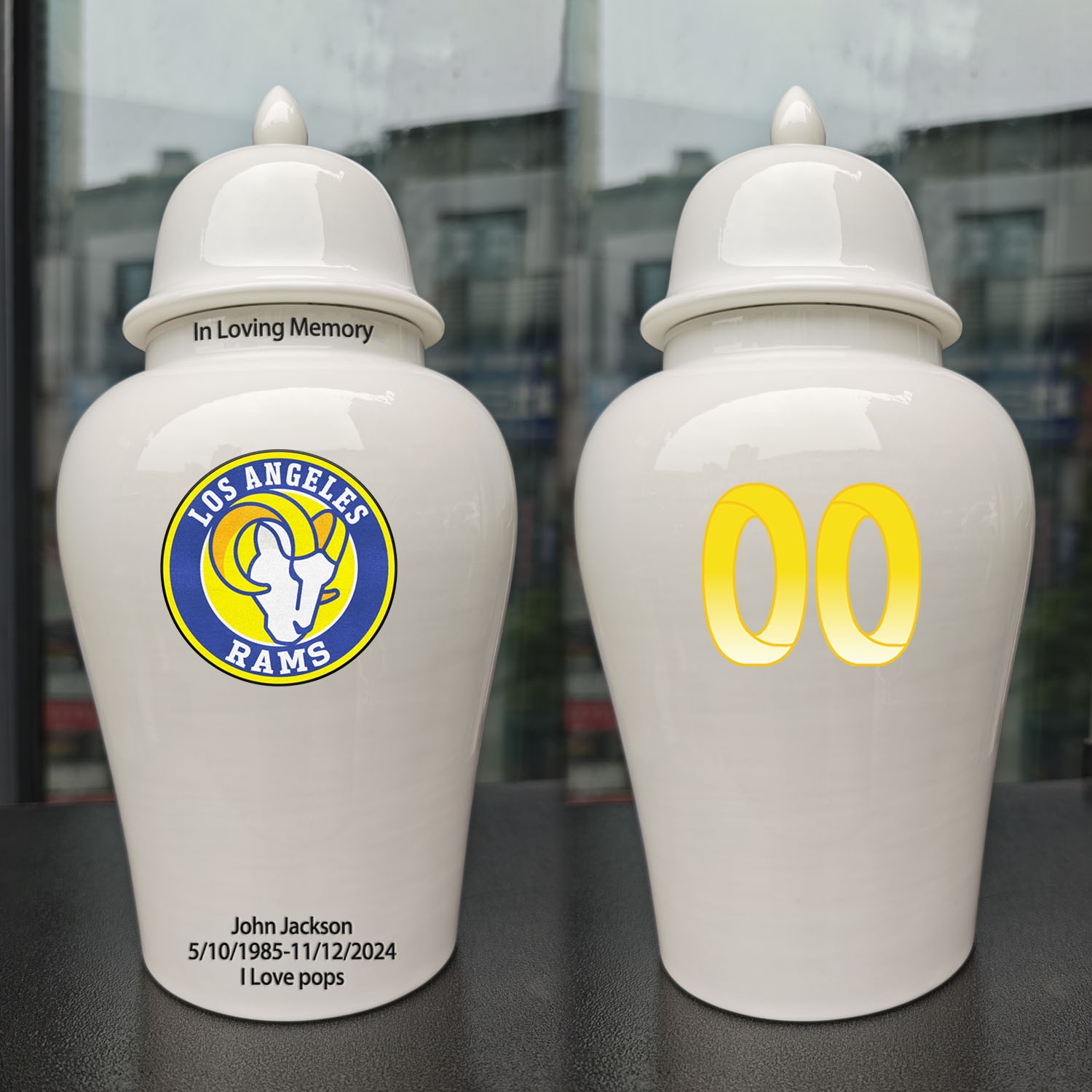 Ceramic Large Urn – Los Angeles Rams Football Theme, Custom Text & Number
