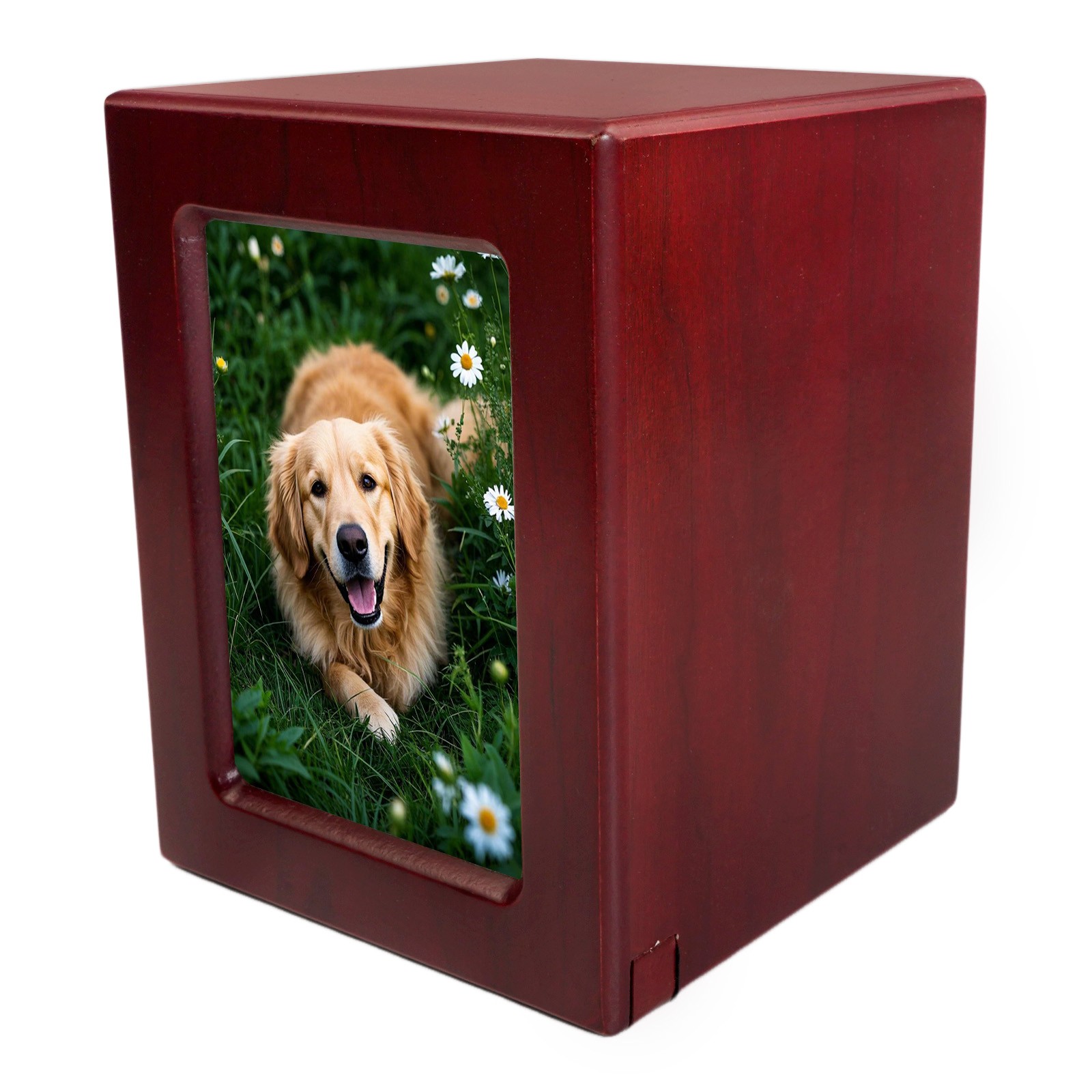 3.9*3.6in Wooden Funeral Cremation Urn with Photo Frame For Dogs And Cats（Red）