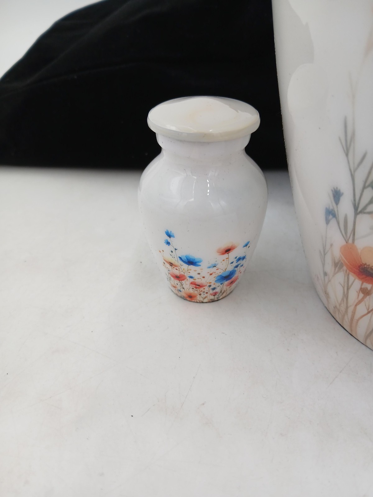 Floral Cremation Urn Set Large & Mini Keepsake White Colorful Flowers Bag