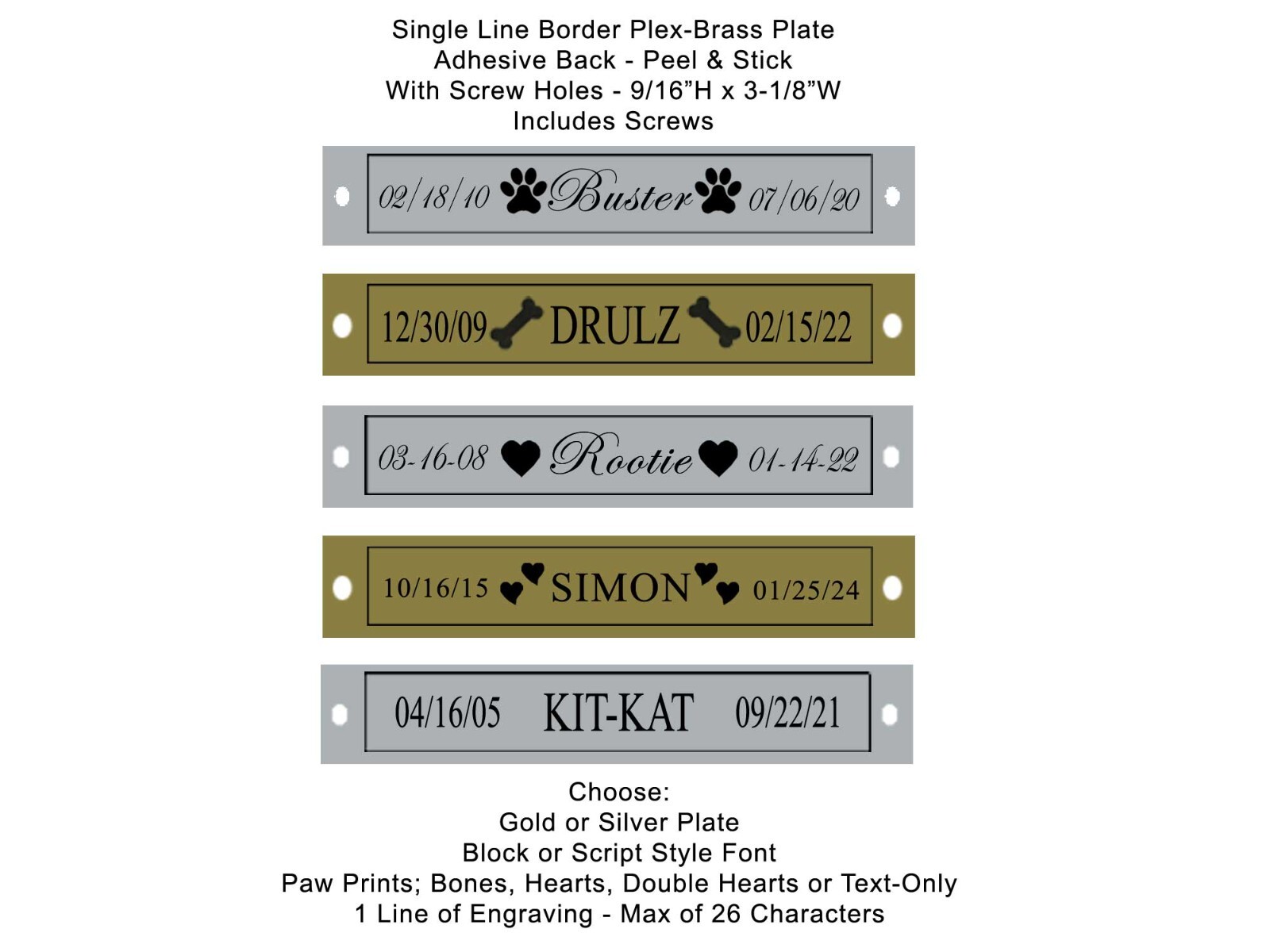 Engraved Pet Memorial Name Plate Single Line – With or W/O Screw Holes – Dog Cat