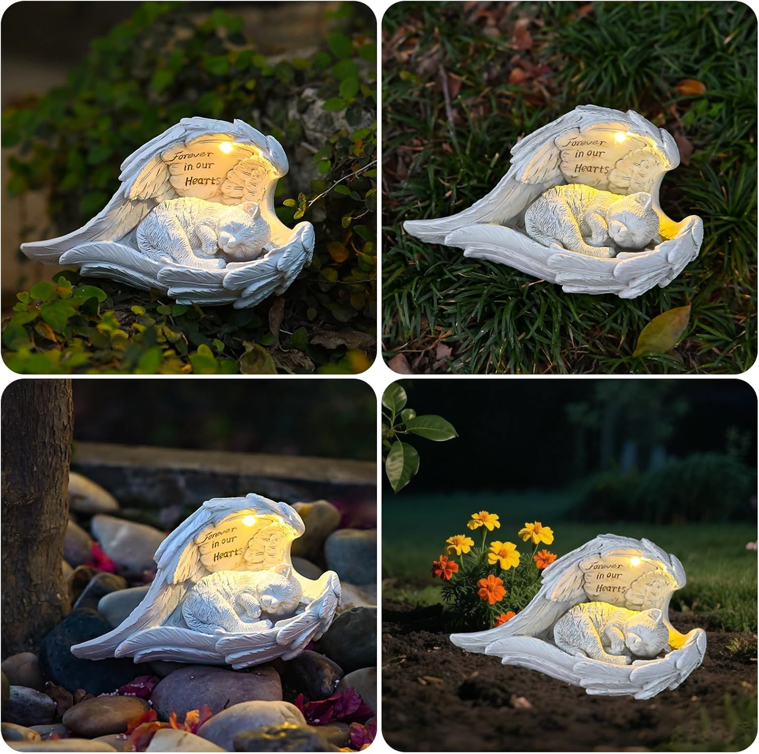 Cat Memorial Gifts for Loss of Cat, Peaceful Sleeping Solar Angel Cat Statue Out