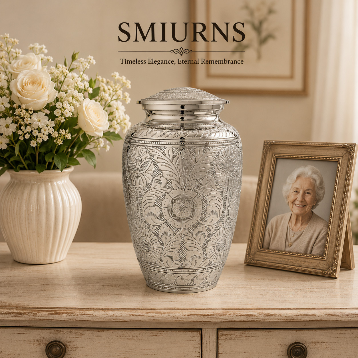Silver Cremation Urn for Human Ashes Adult Large Funeral Urn 10.5″ Metal Urns