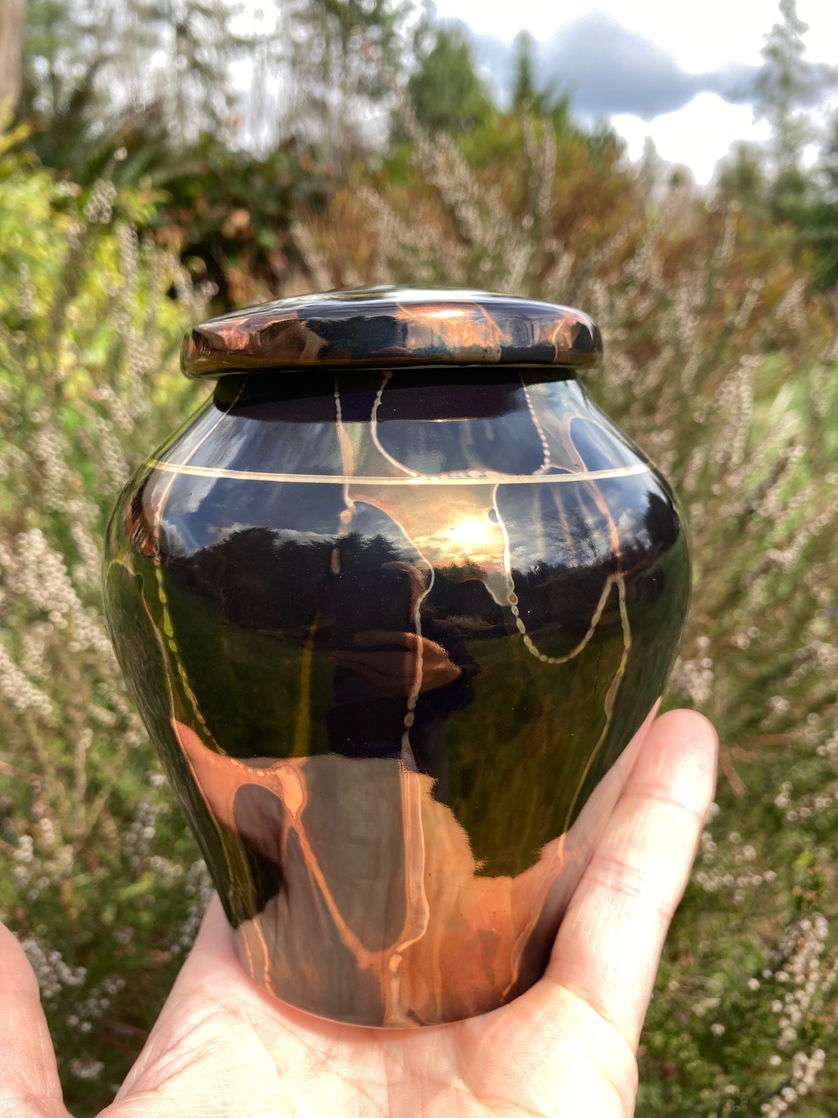 Handmade Ceramic Cremation Urn in Poppy, small size for pet ashes, 50 cubic inch