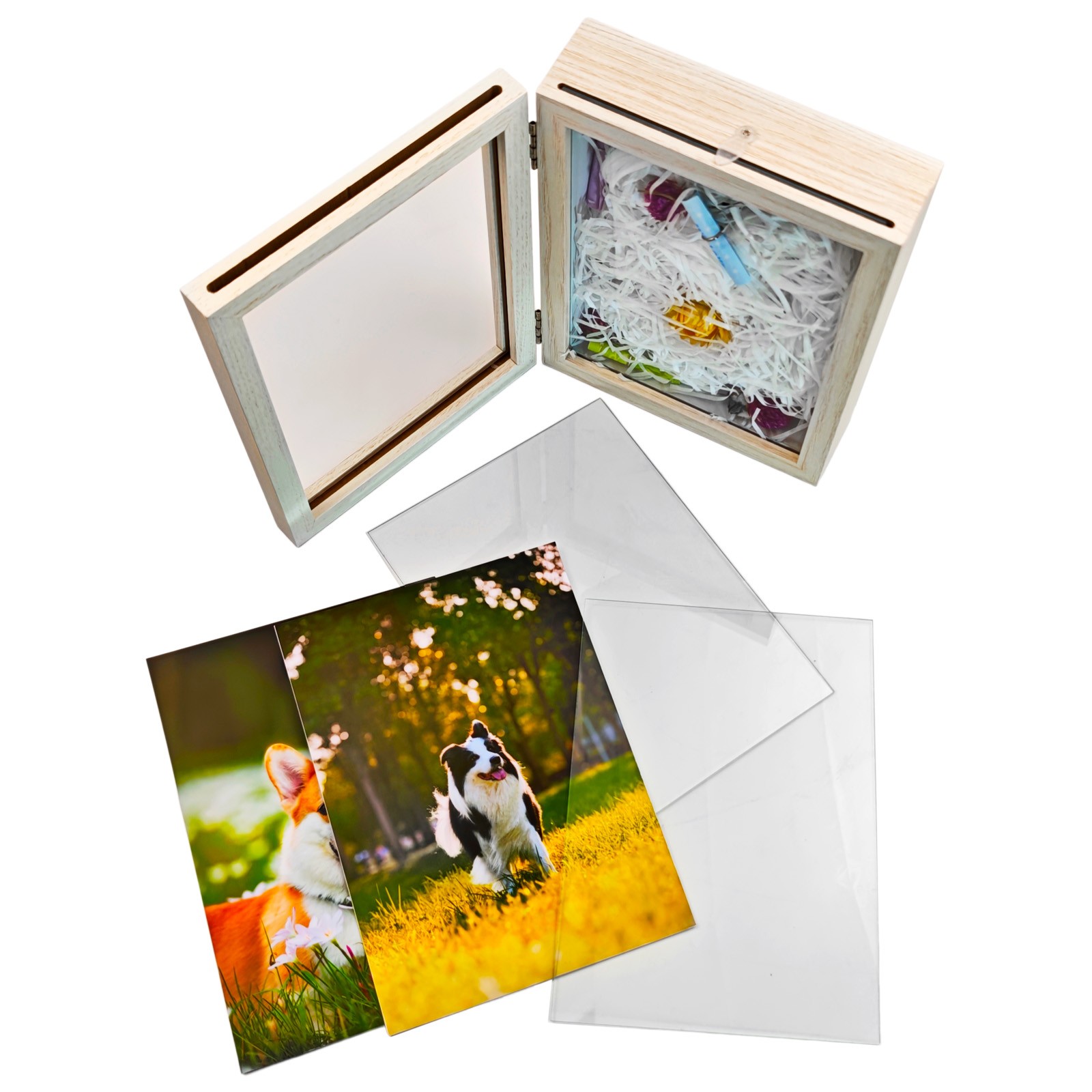 Pet Memorial Box-3 Photos & Paw Print Display with 180° Hinges for Dogs&Cats 5×7