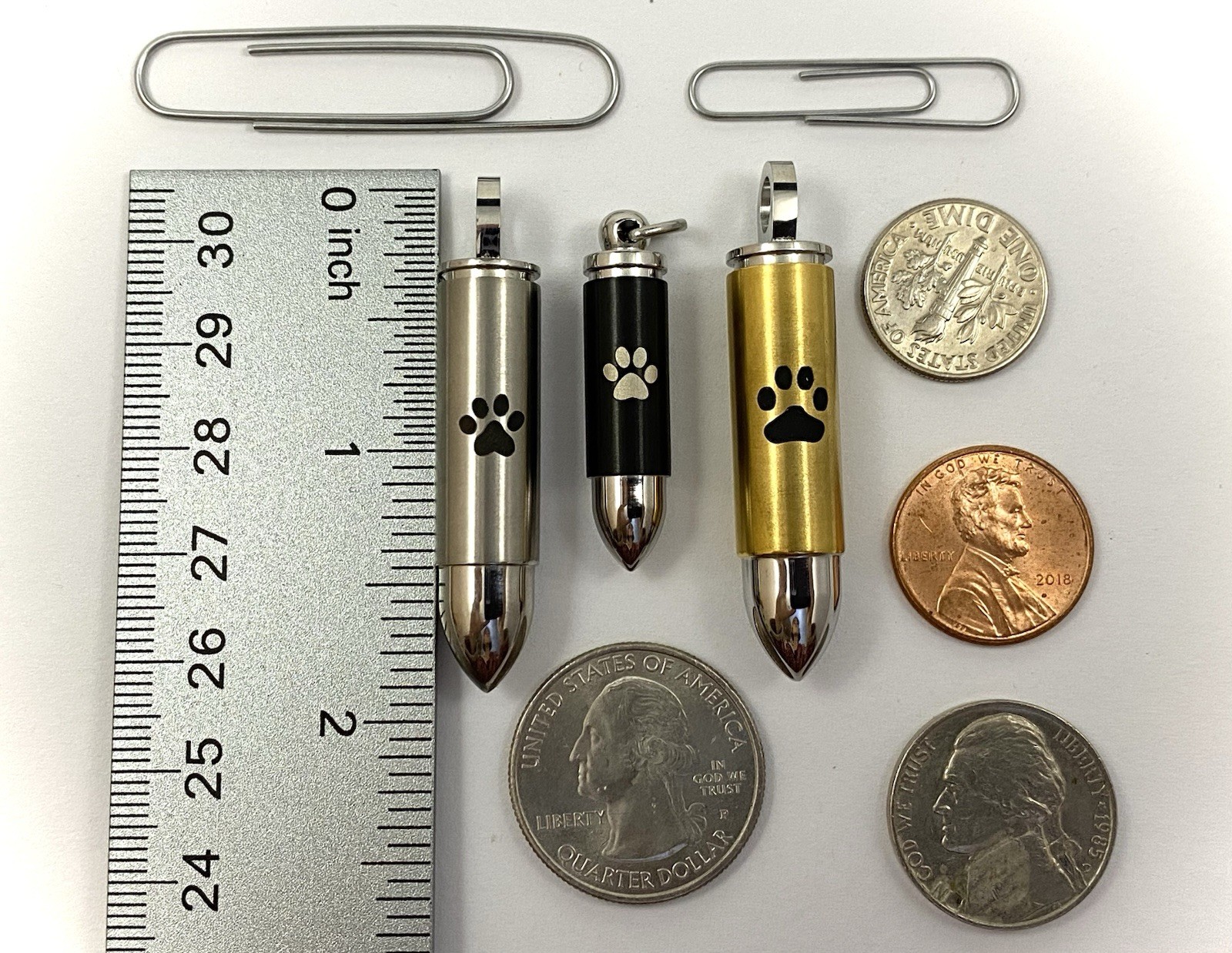 Mens Bullet Cremation Necklace Pendant Urn 4 Ashes SMALL VIAL Pet Paw Print Dog