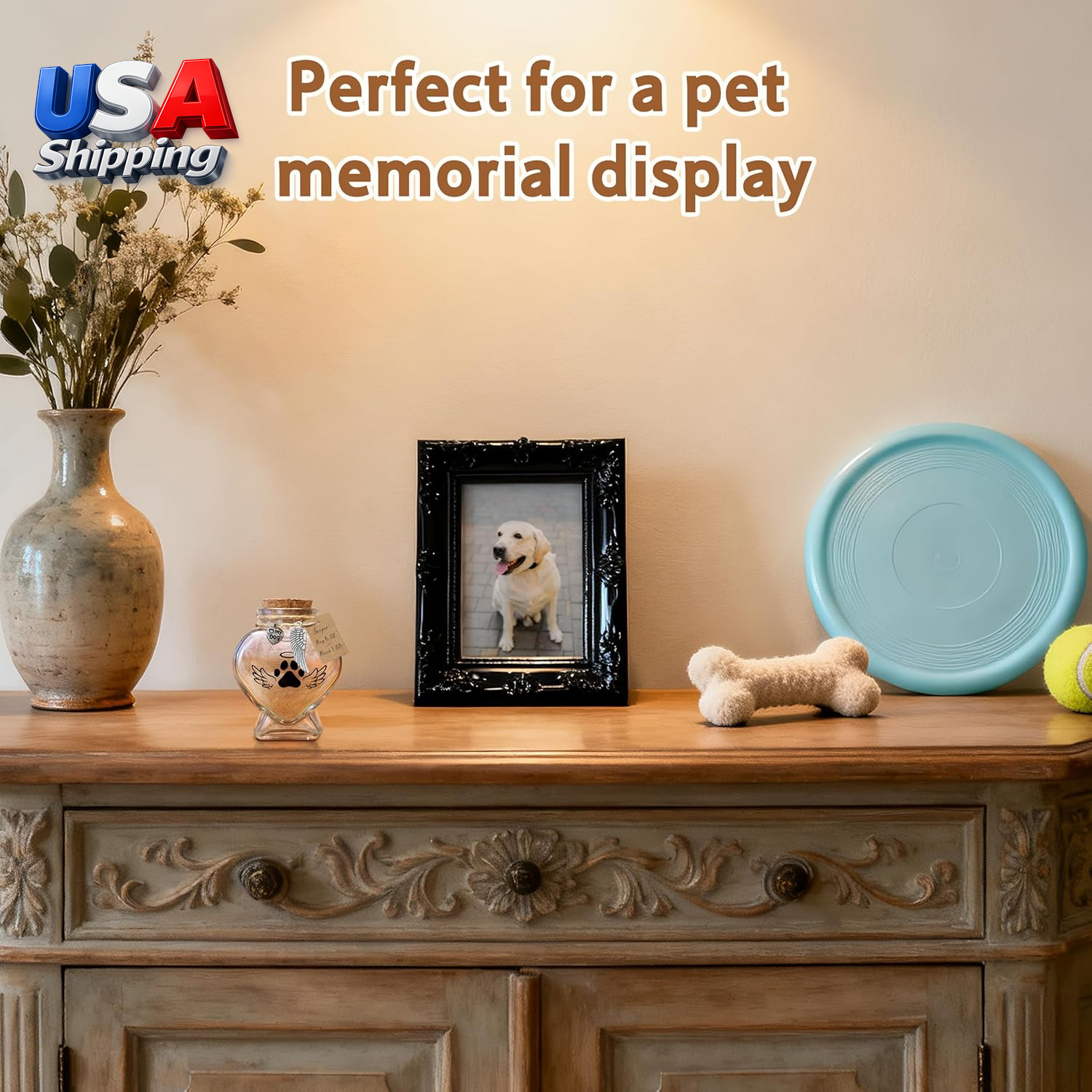 Pet Memorial Gift for Loss of Dog or Cat, Heart Shape Glass Jar & Bottle for Fu