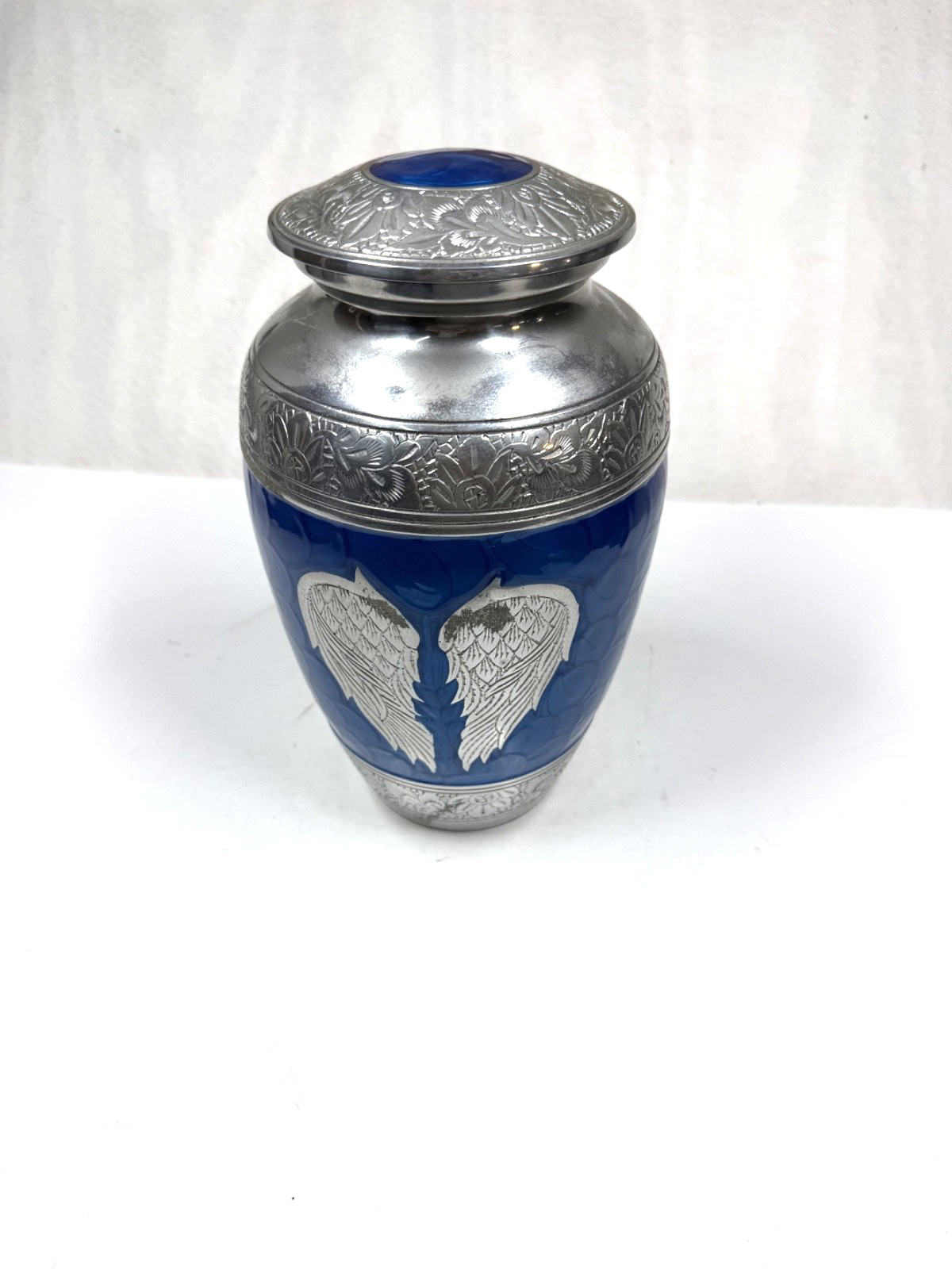 Navy Elegance Blue with Silver Angel Wings Cremation Urn for Ashes