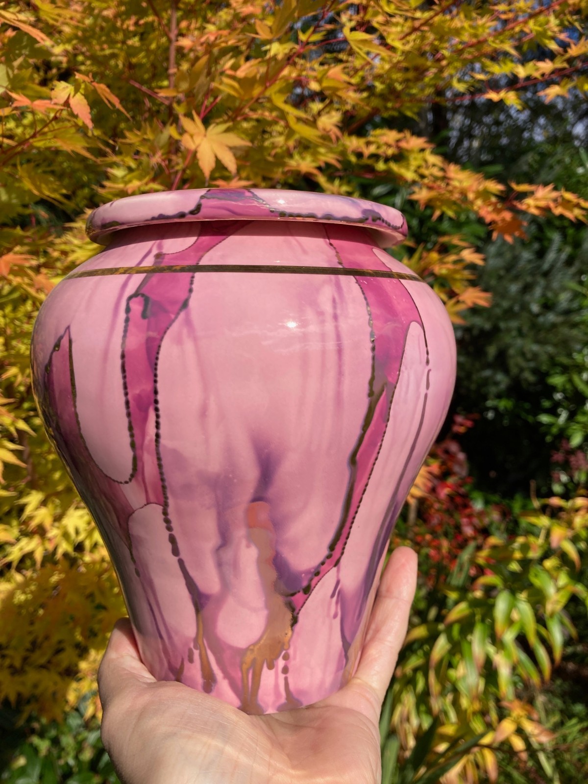 Handmade Ceramic Cremation Urn, Keepsake Vessel in Pink w/Gold, 150 cubic inch