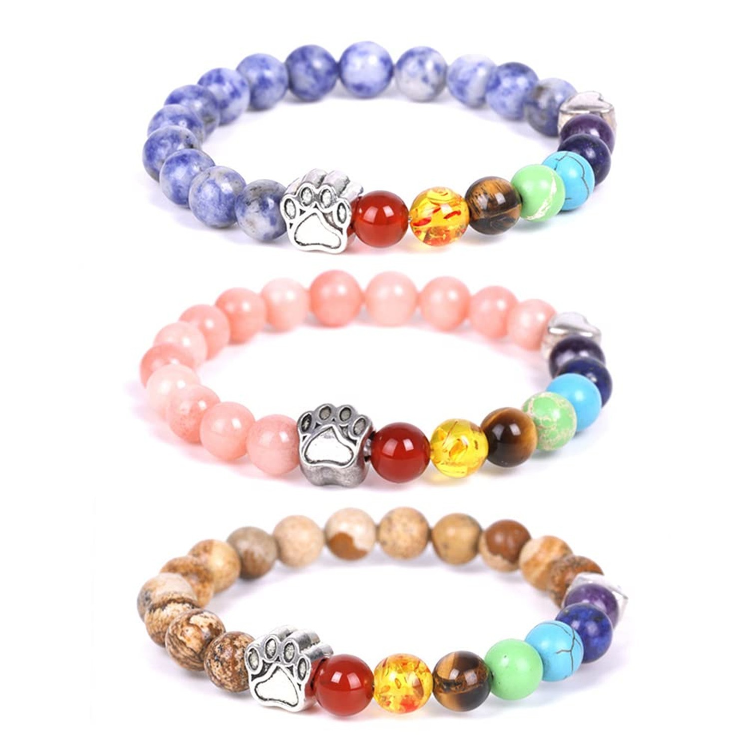 Pet Memorial Dog Paw Print Charm Bracelet 7 Chakra Semi Precious Stones Gemst…