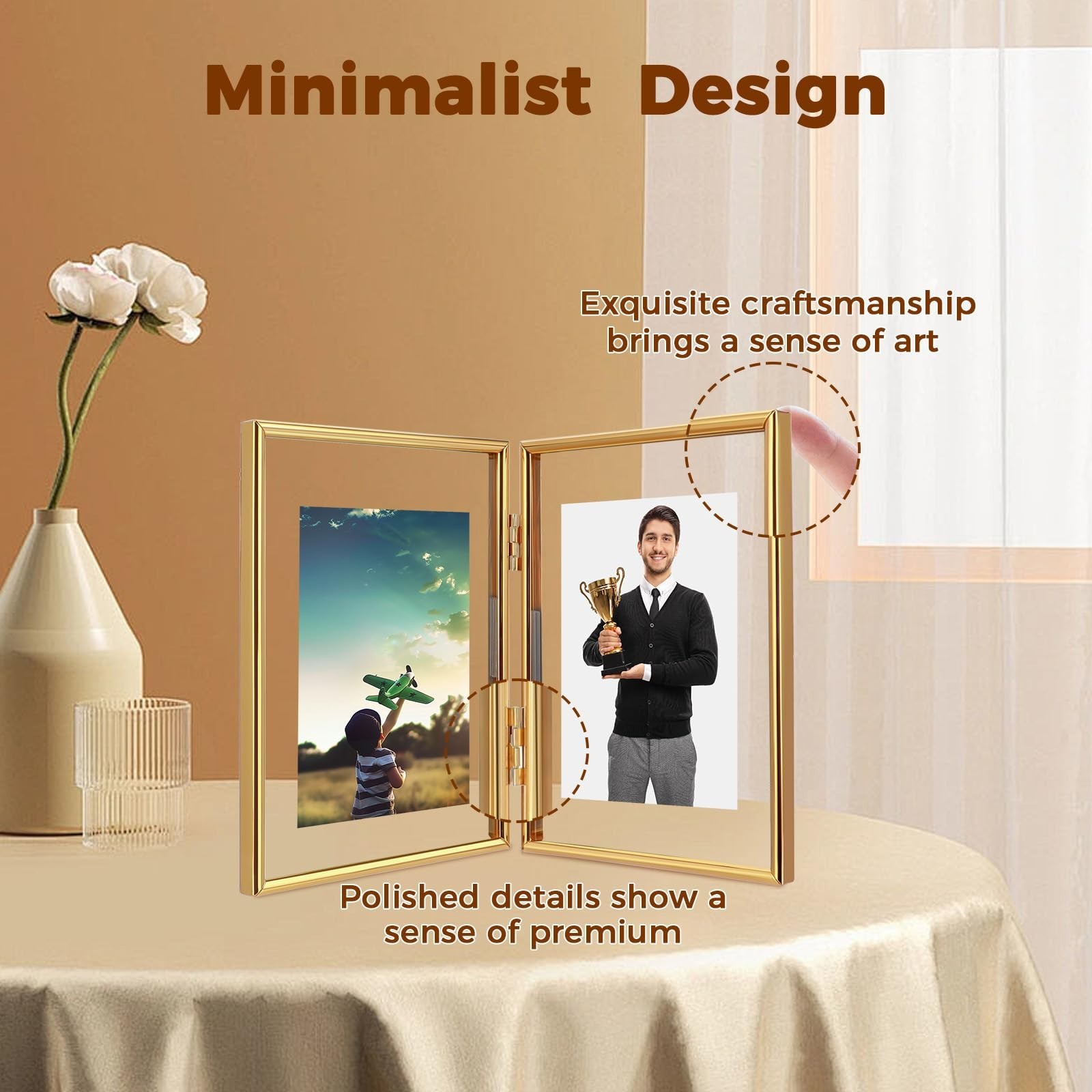 Folding Double Frame, Gold Floating Picture Frame with Hinge, For 5″×7″ 4″&