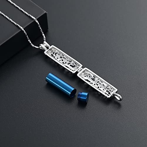 Urn Necklace for Ashes with Hollow Vial Cylinder Cremation Jewelry Silver-blue
