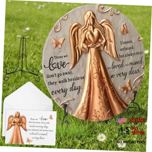 Bronze Angel Memorial Garden Stone with Plaque Stand and Sympathy Card,