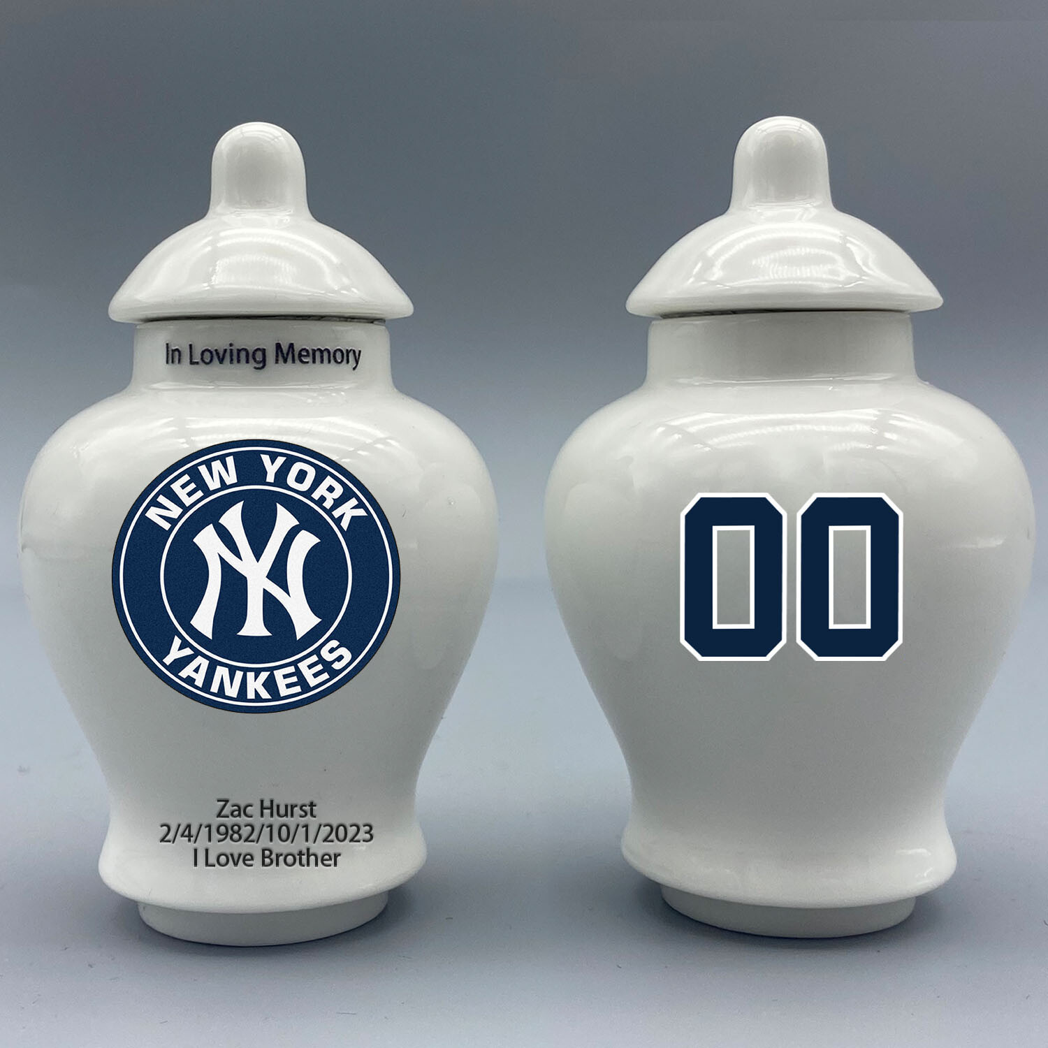 Ceramic Baseball Urn – New York Yankees Theme, Custom Text & Number