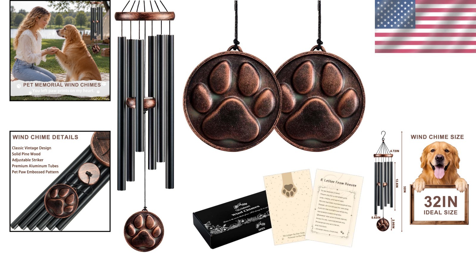 Weather Resistant 32” Pet Remembrance Wind Chimes – Deep Tone Melodic Tribute