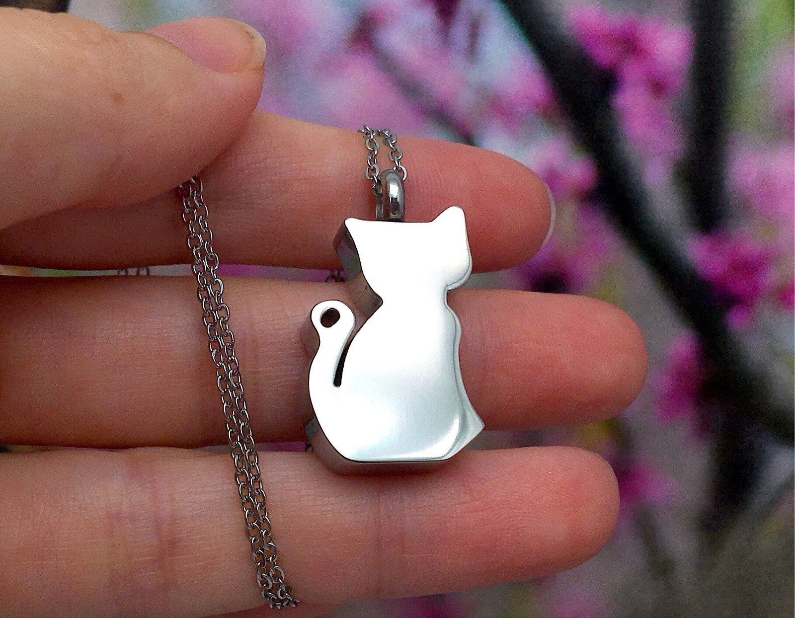 Cat Cremation Necklace Jewelry Pendant Urn for Ashes Memorial Gift Silver Kitty