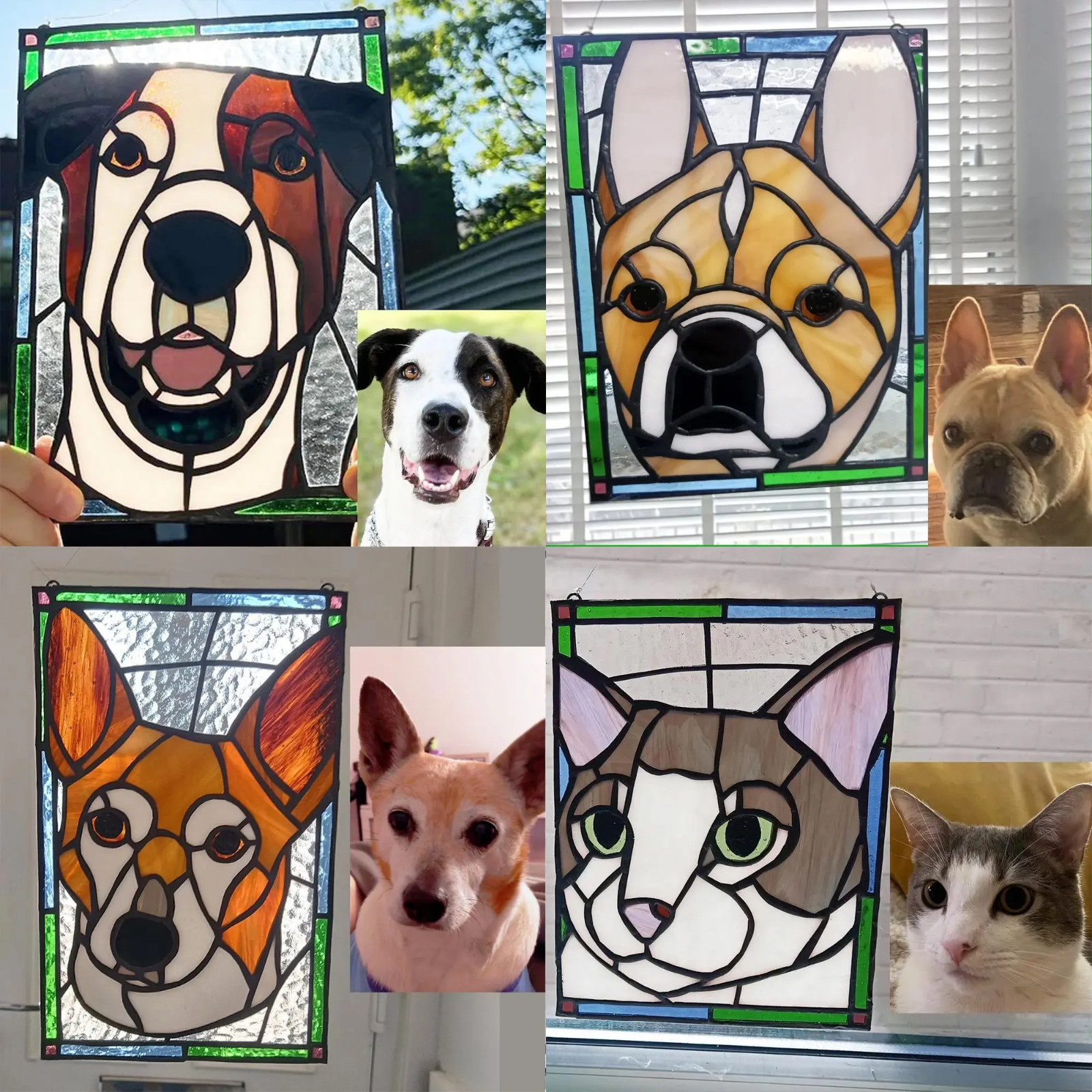 Custom Stained Glass Pet Portrait Panel – Dog Cat Memorial Keepsake – Handmade