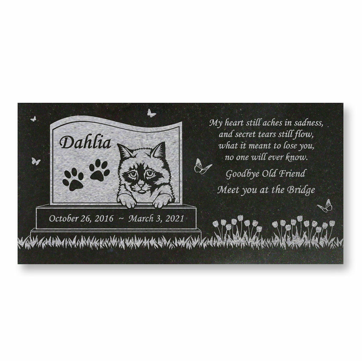Personalized Cat Memorial – Granite Stone Pet Grave Marker – 6×12 – Dahlia