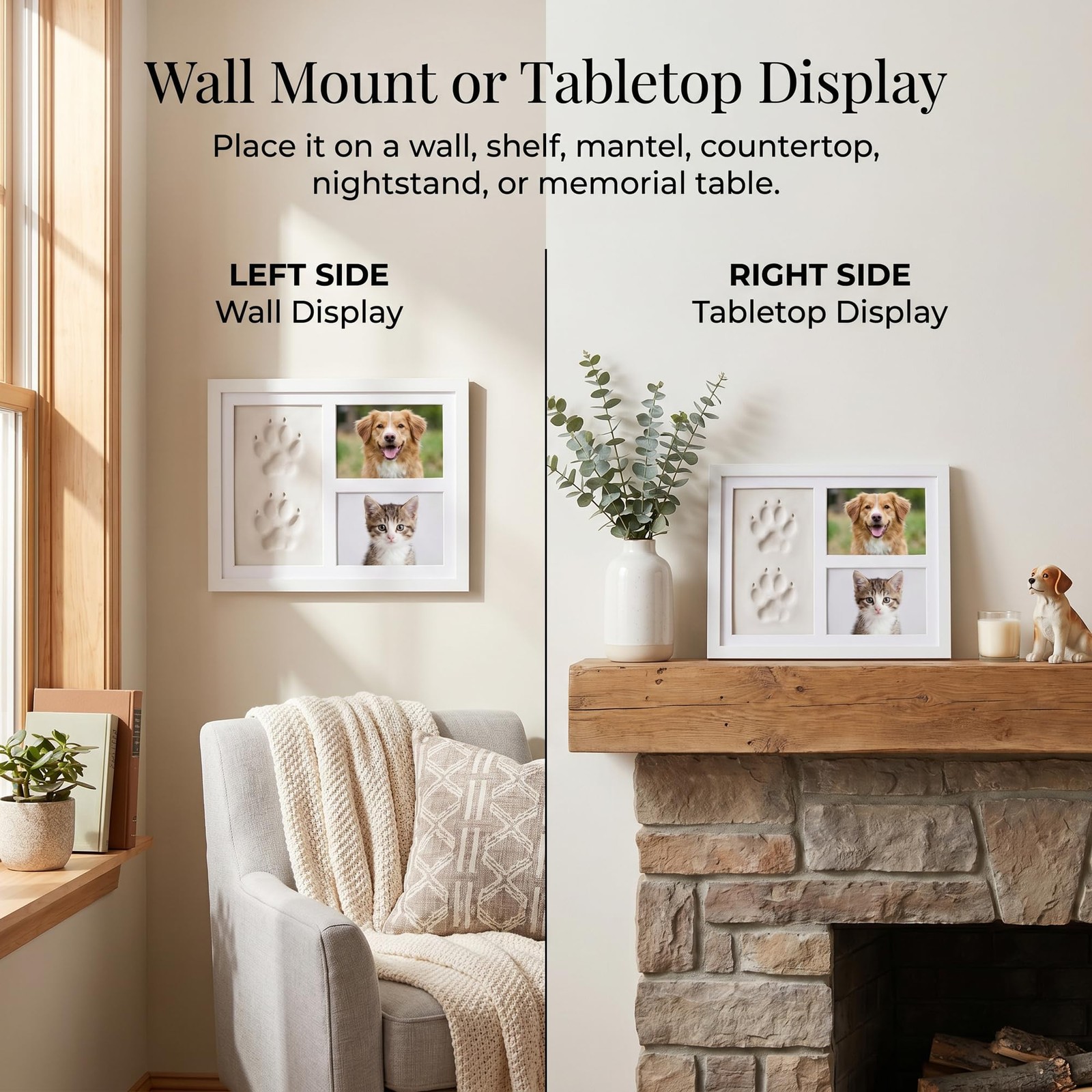 Pet Paw Print Picture Frame,White Wood Dog and Cat Keepsake Frame with 2 Phot…
