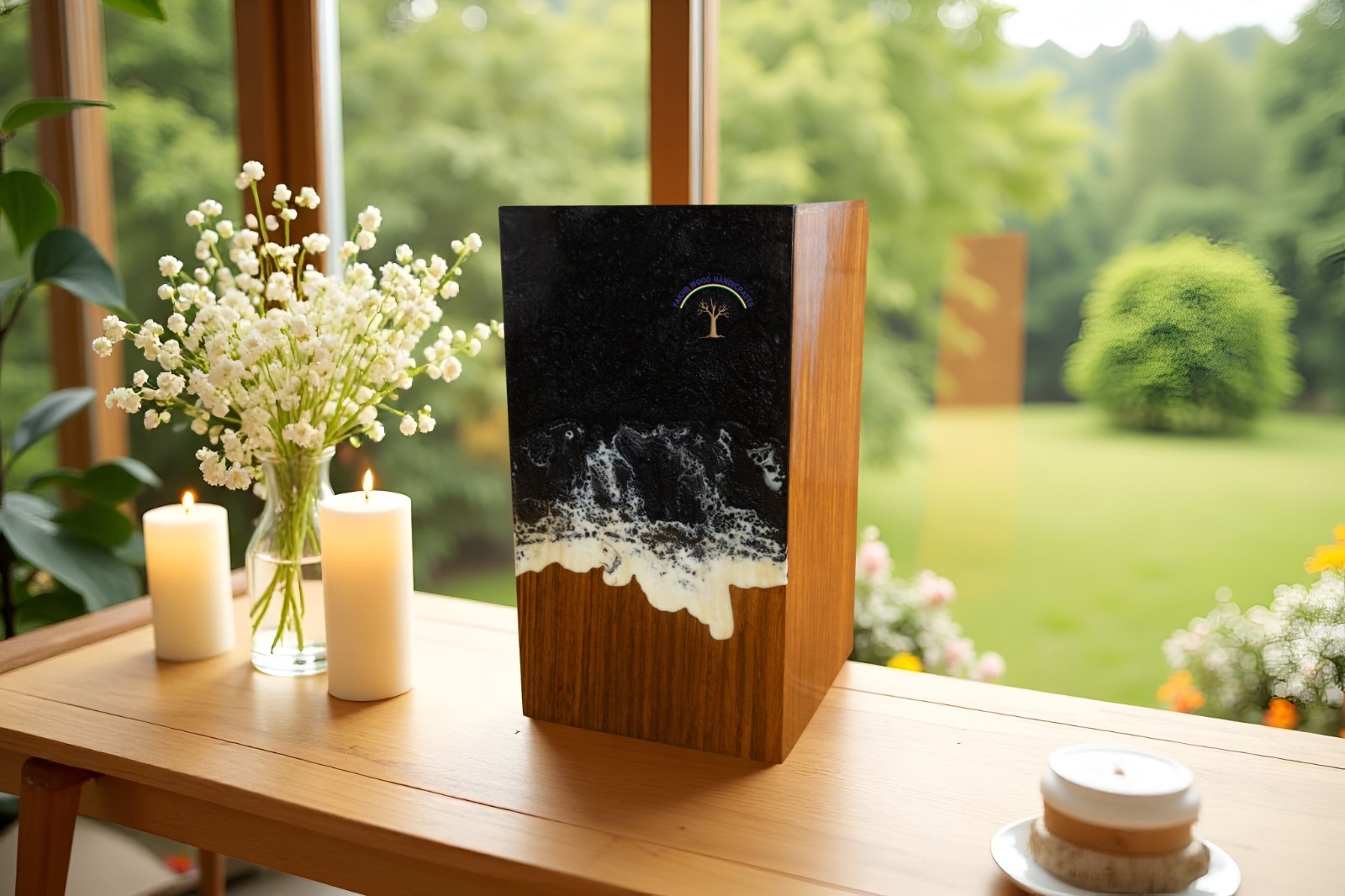 Wooden urn box – Handcrafted Ocean Wave Urn – Wooden Memorial Box for Loved Ones