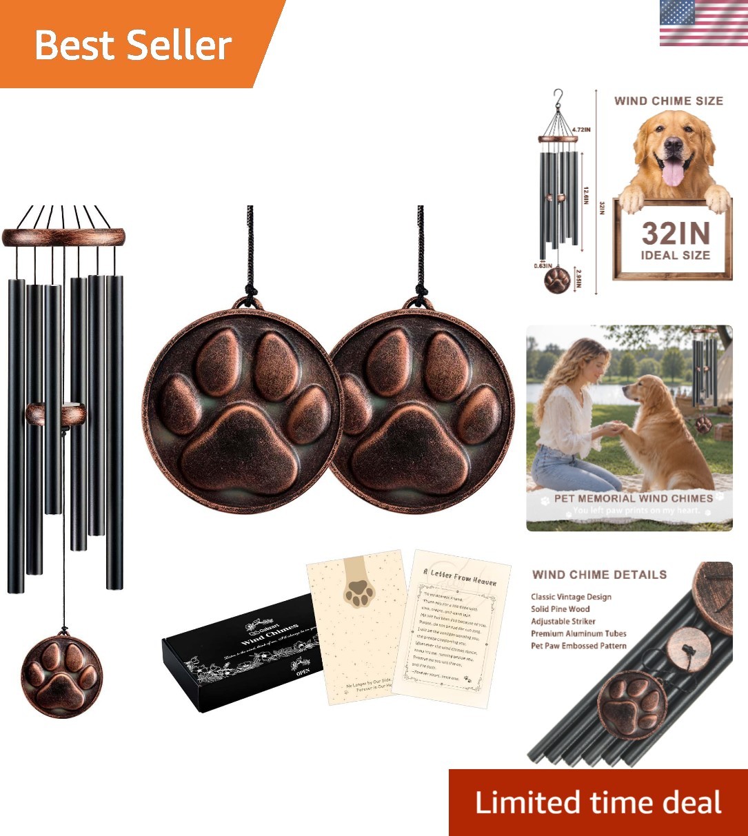 Weather Resistant 32” Pet Remembrance Wind Chimes – Deep Tone Melodic Tribute