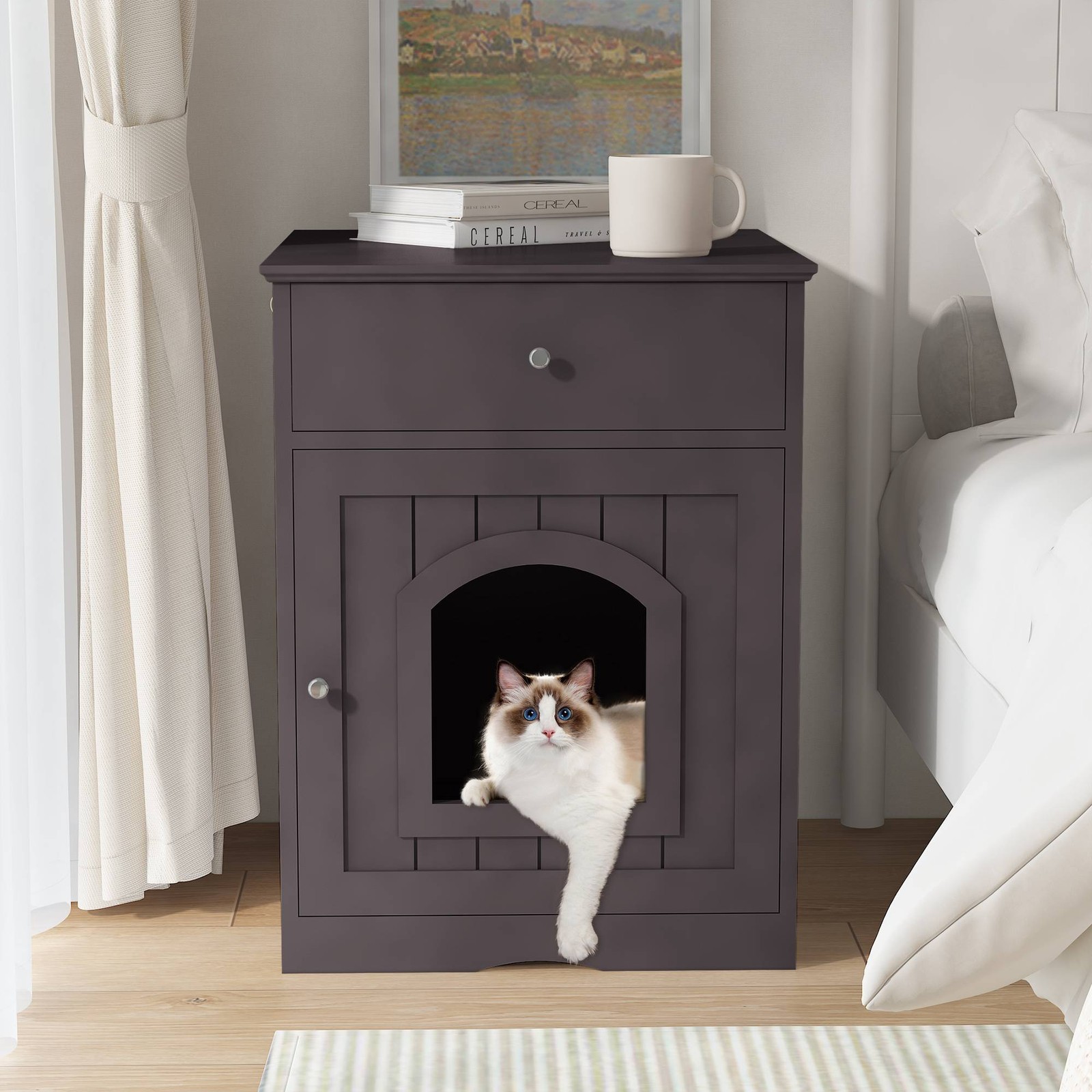 Wooden Pet House Cat Litter Box Enclosure With Drawer, Side Table Indoor Pet Cra