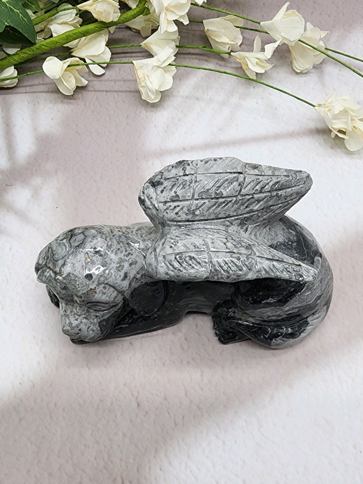 Picasso Jasper, Winged Angel Dog, Pet Memorial, Pet Loss Gift, Gemstone Carving